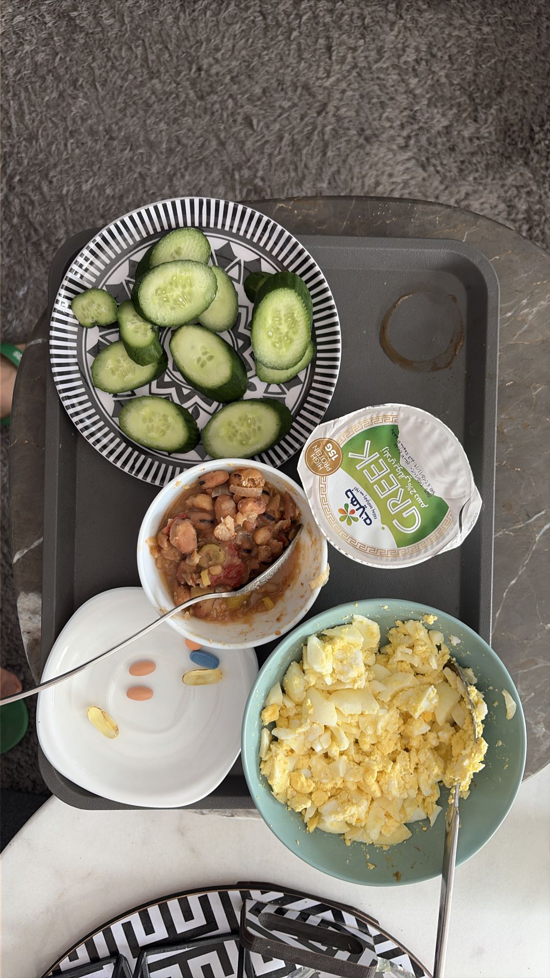 Eggs, beans, yogurt, cucumber