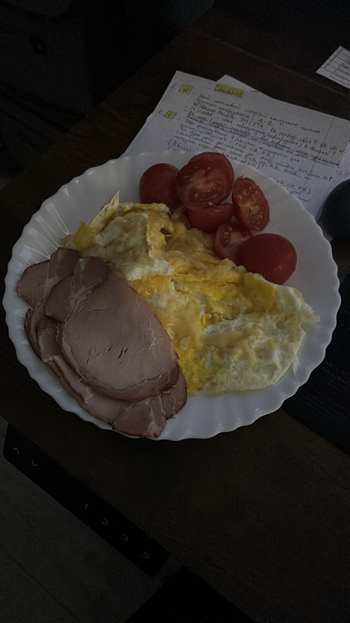 Jajka, szynka i pomidor