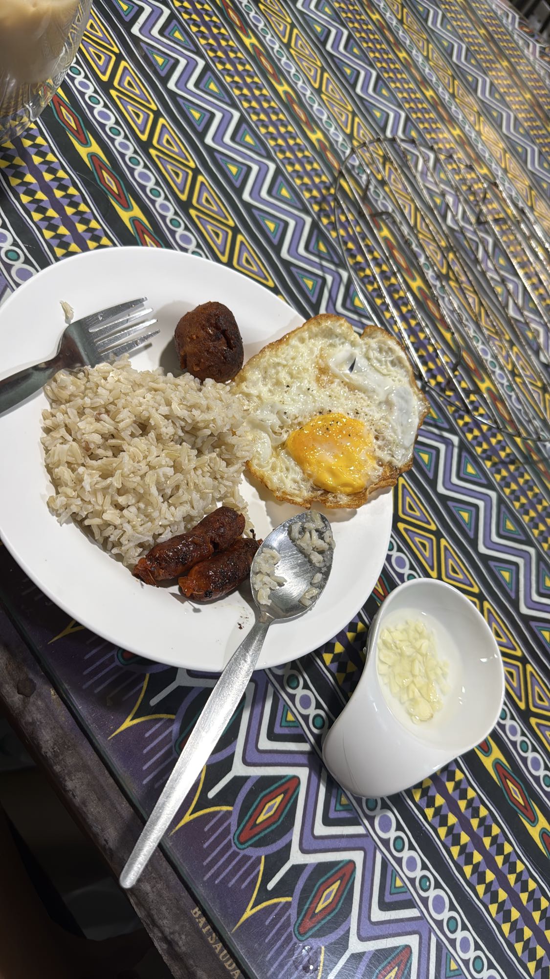 Egg, rice, sausage, vinegar and garlic