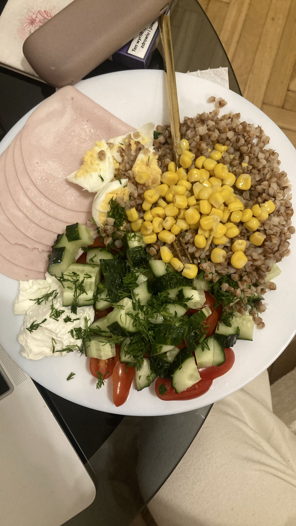 гречка с овощами и ветчиной