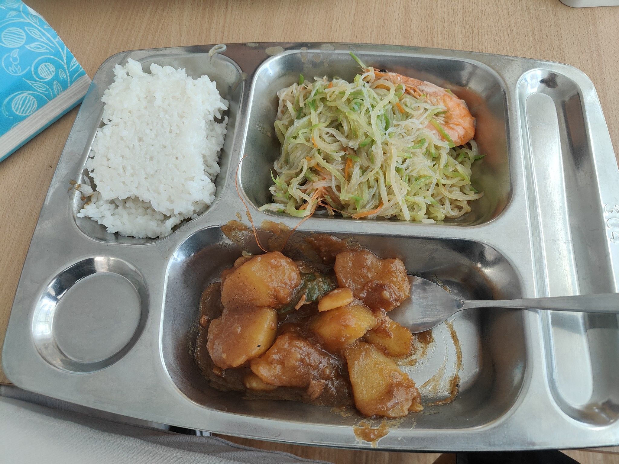 Rice, stir-fried noodles, stew