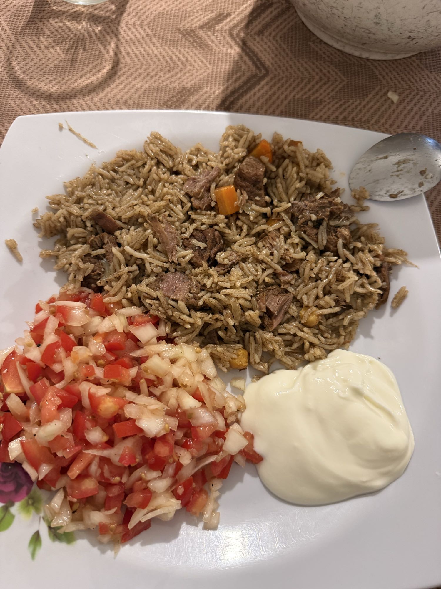 Riz à la viande et salade