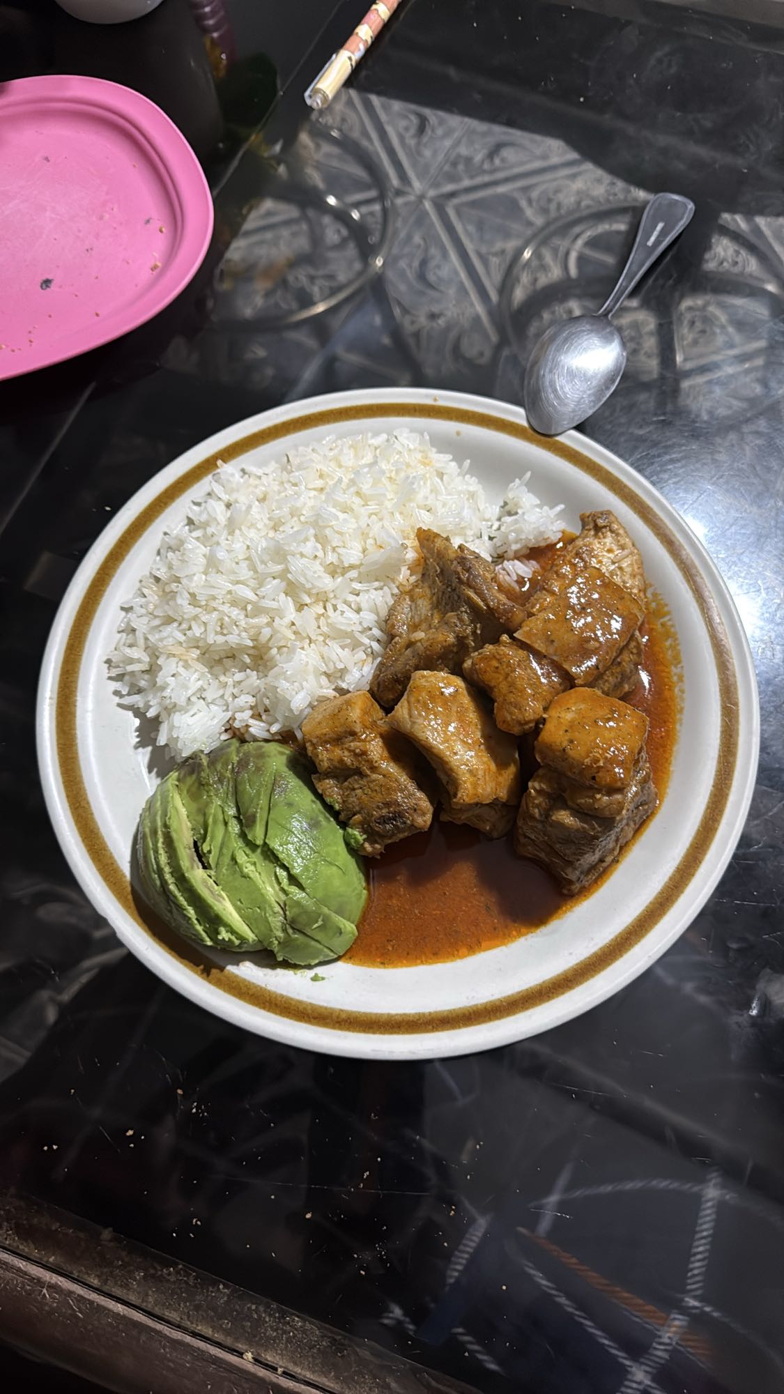 Rice, pork stew, avocado