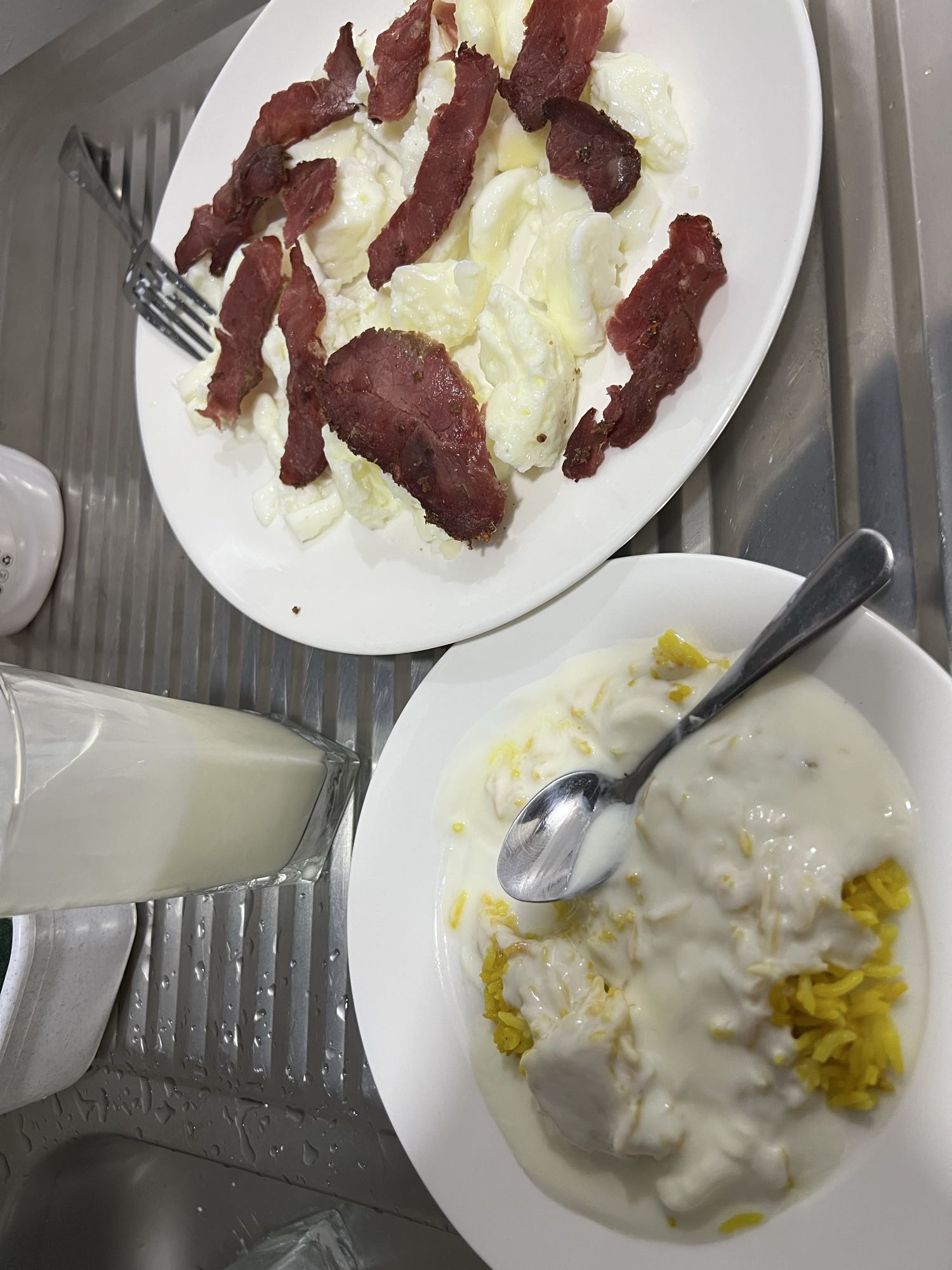 Poached eggs white, Beef Pastrami, rice and Dal Yogurt