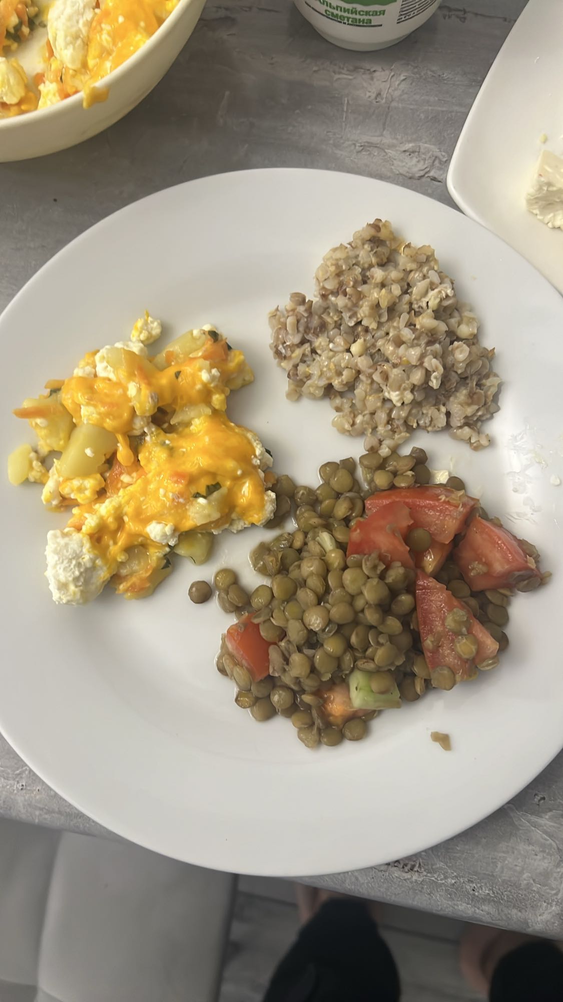 гречка, омлет, чечевица