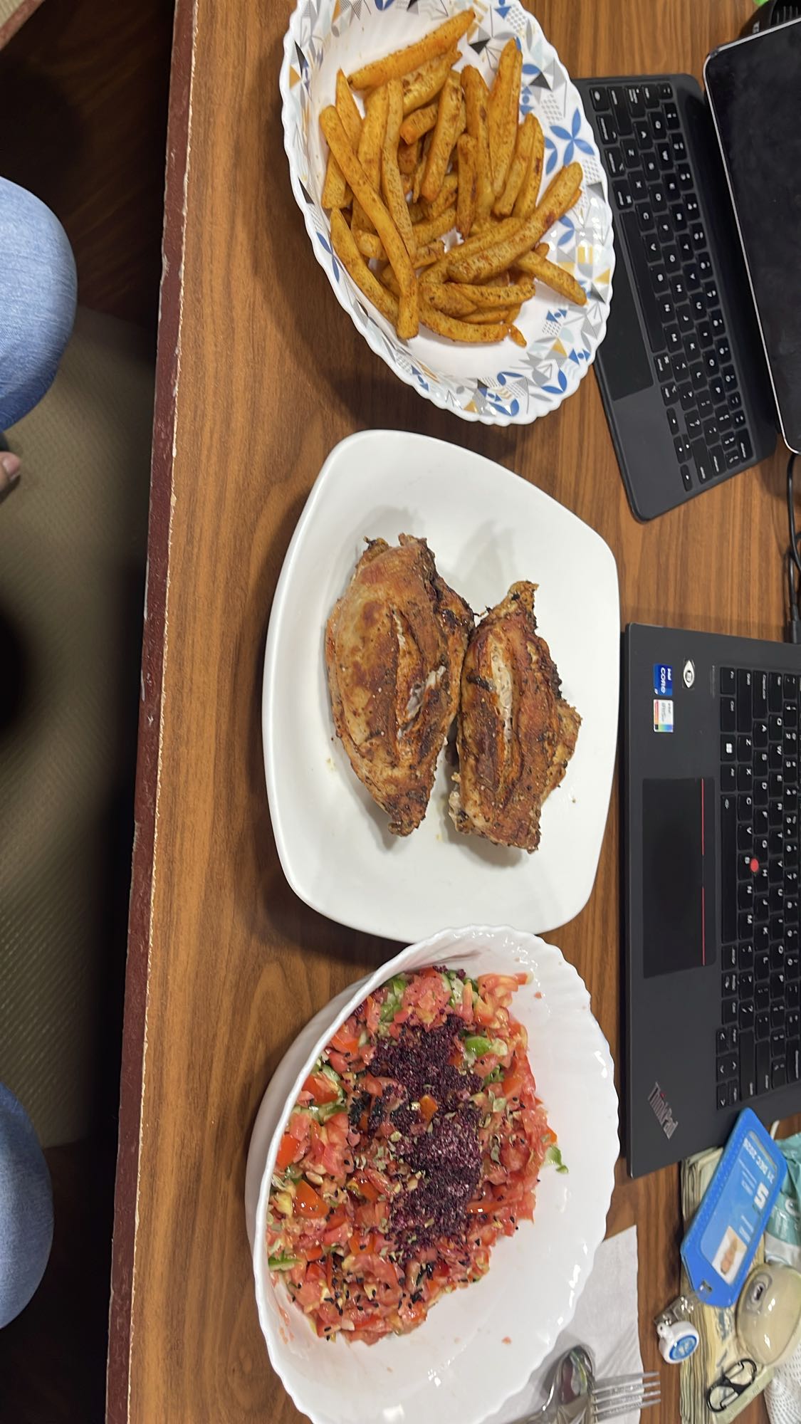 Grilled chicken, fries, salad