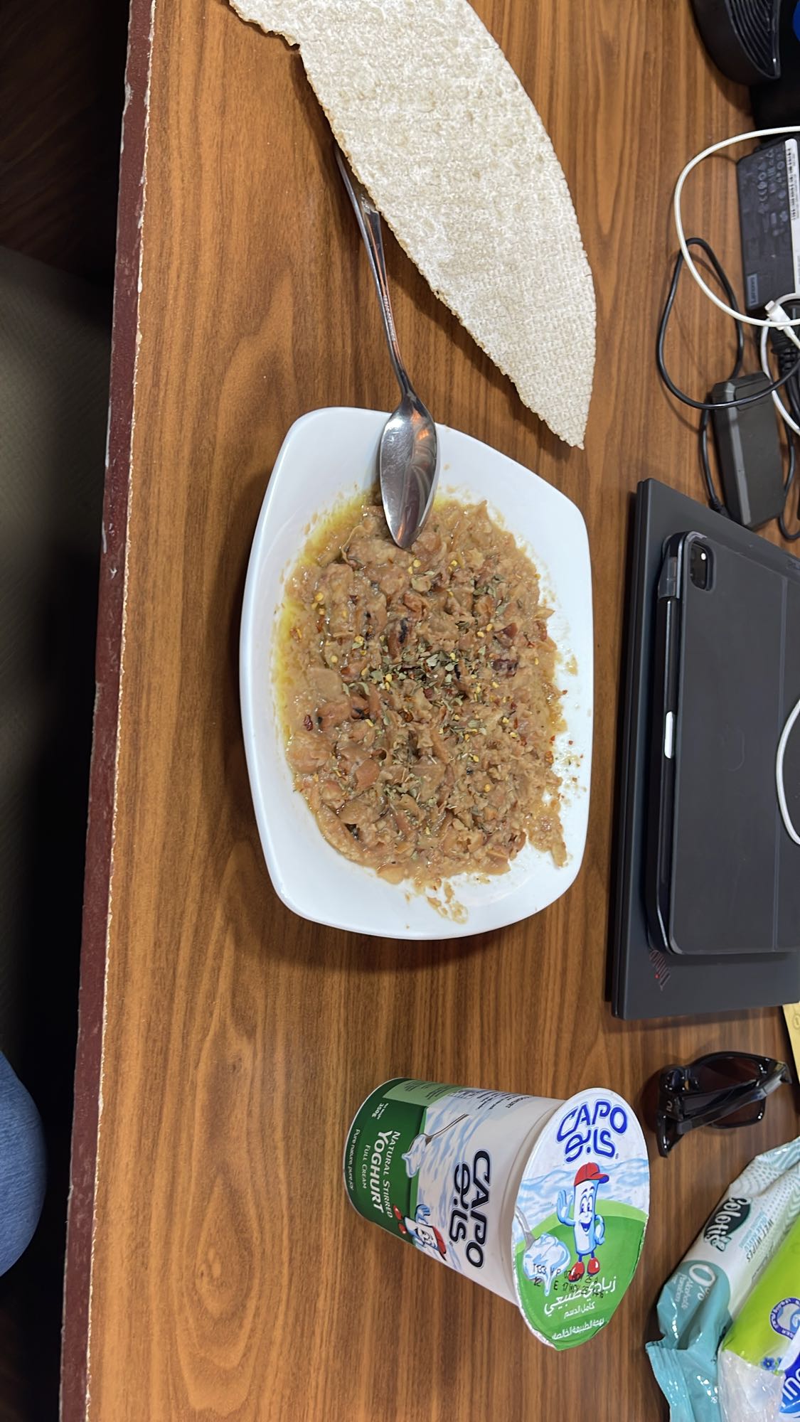 Bean stew, bread, yogurt