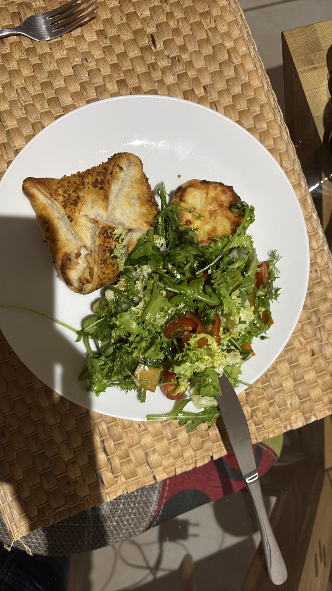 Pastry, salad, cheesy bake