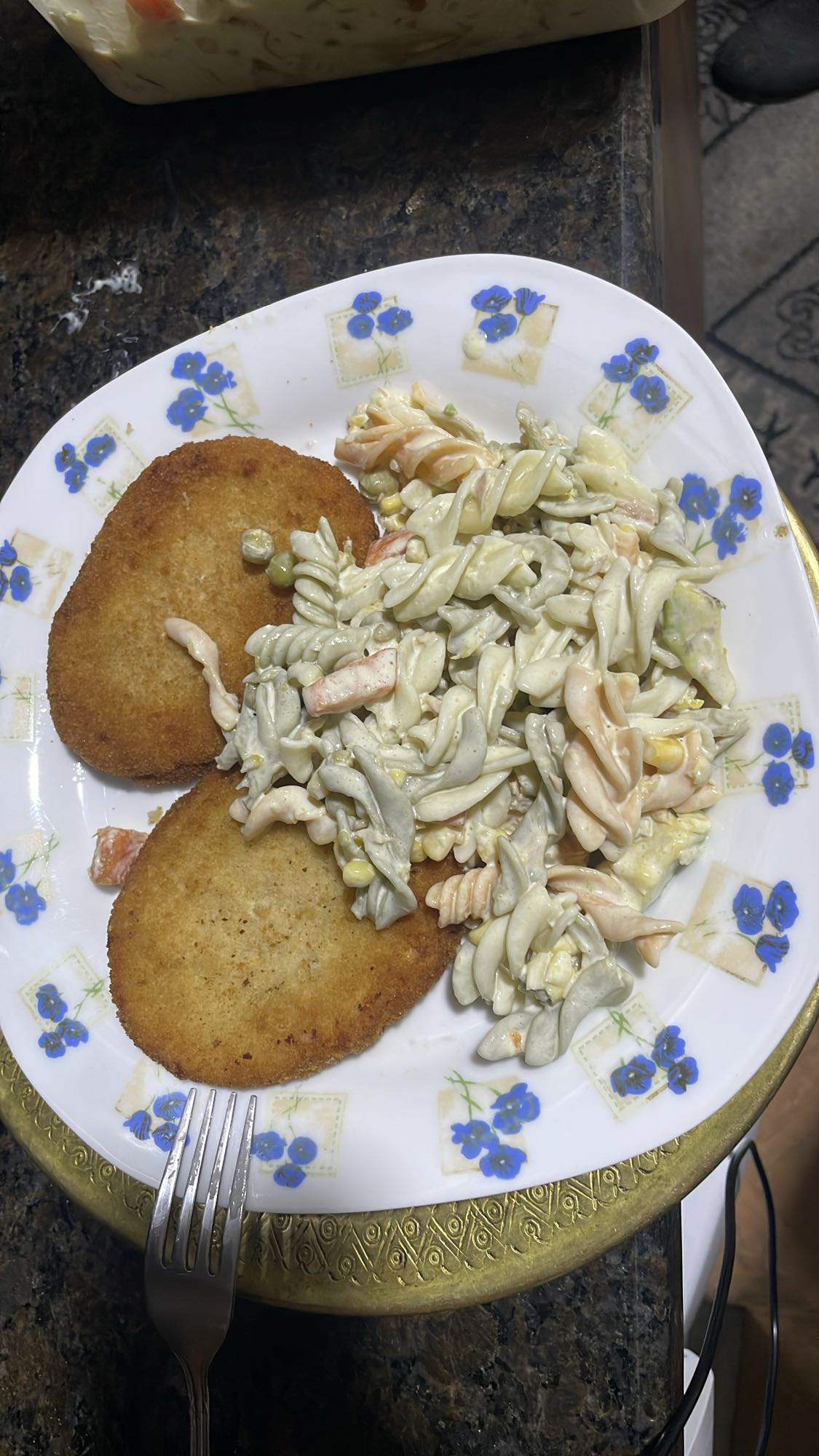 Pasta salad with breaded cutlet
