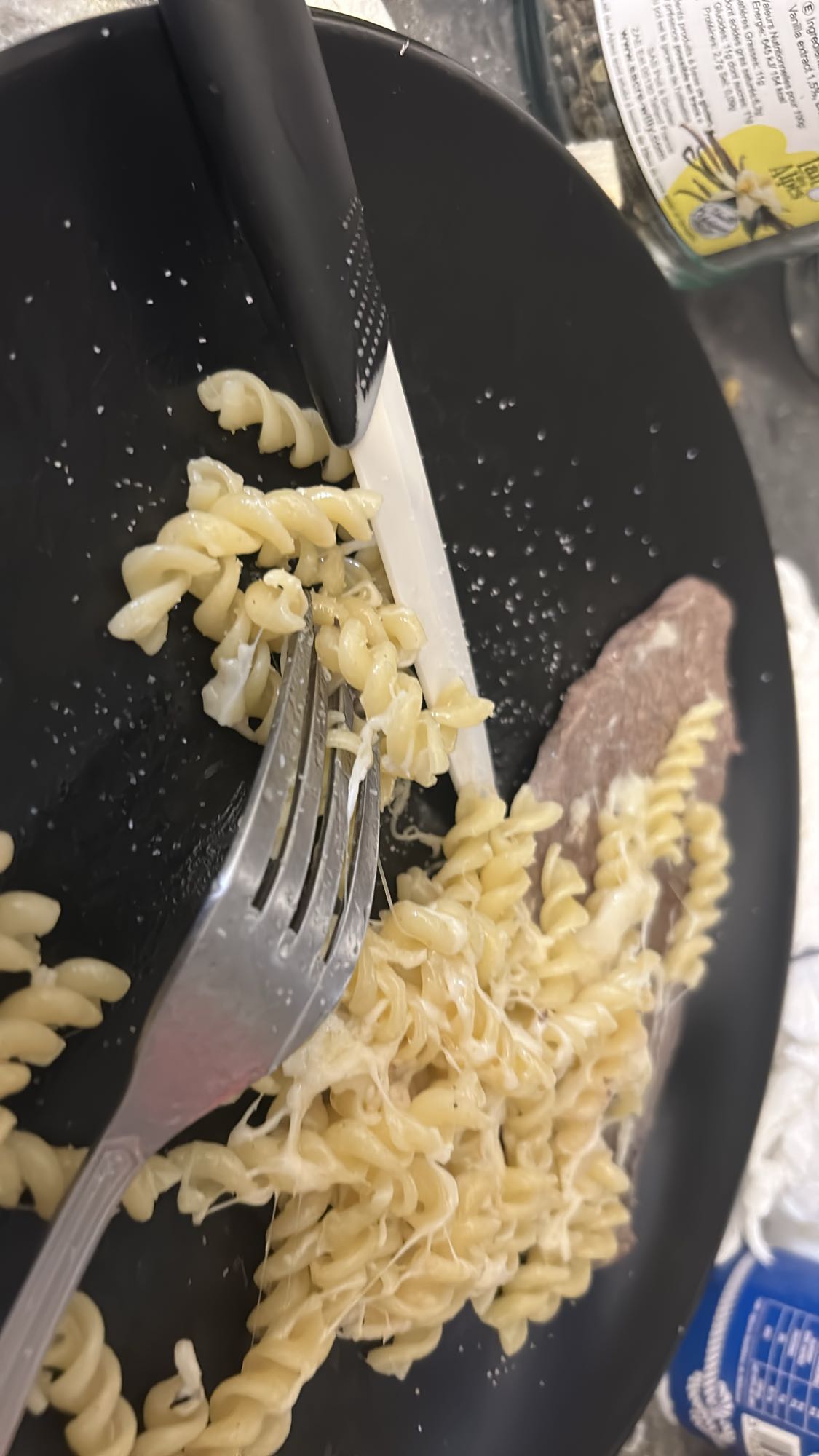 Pâtes au fromage et steak