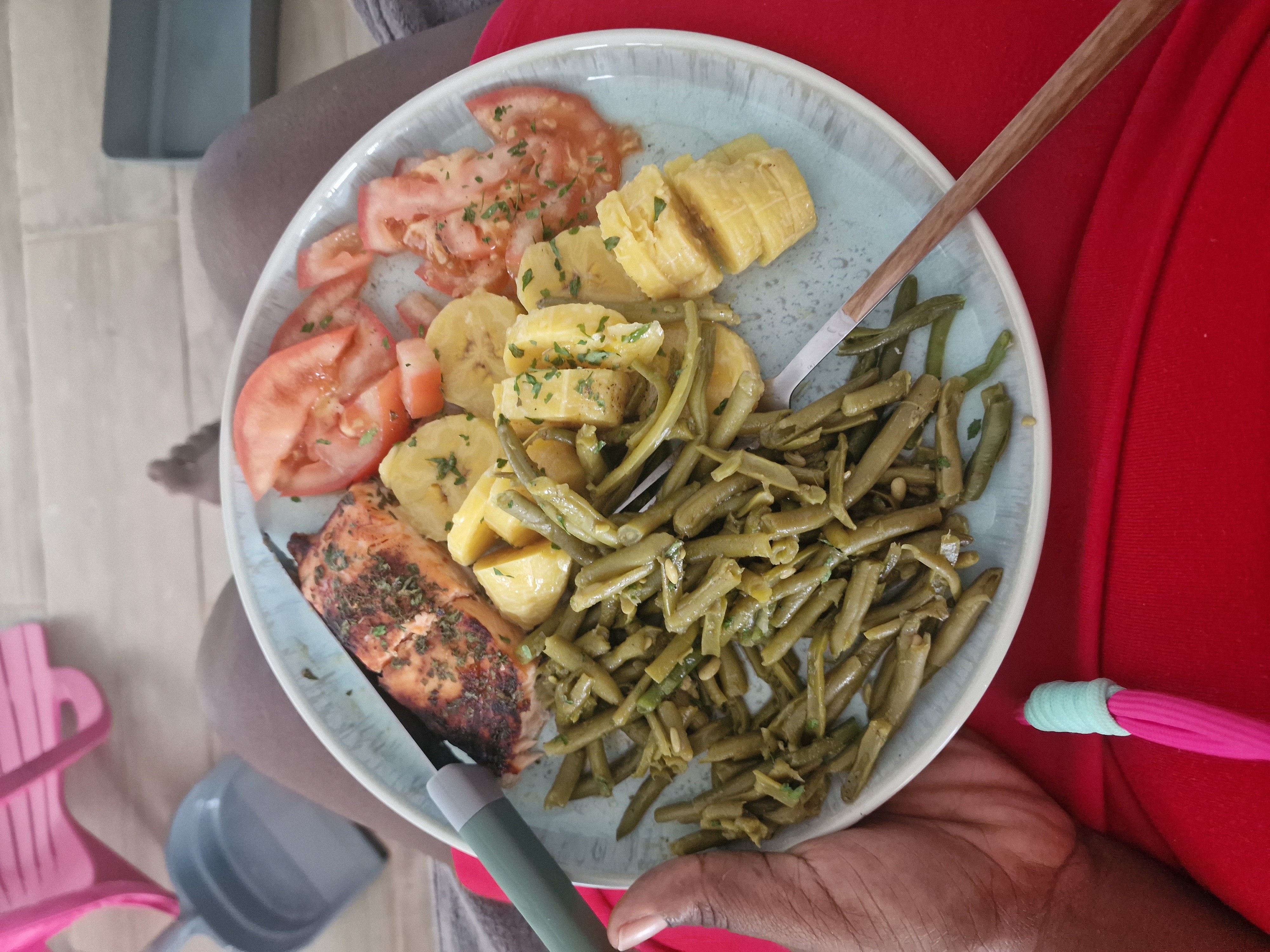 Poulet, banane, haricots