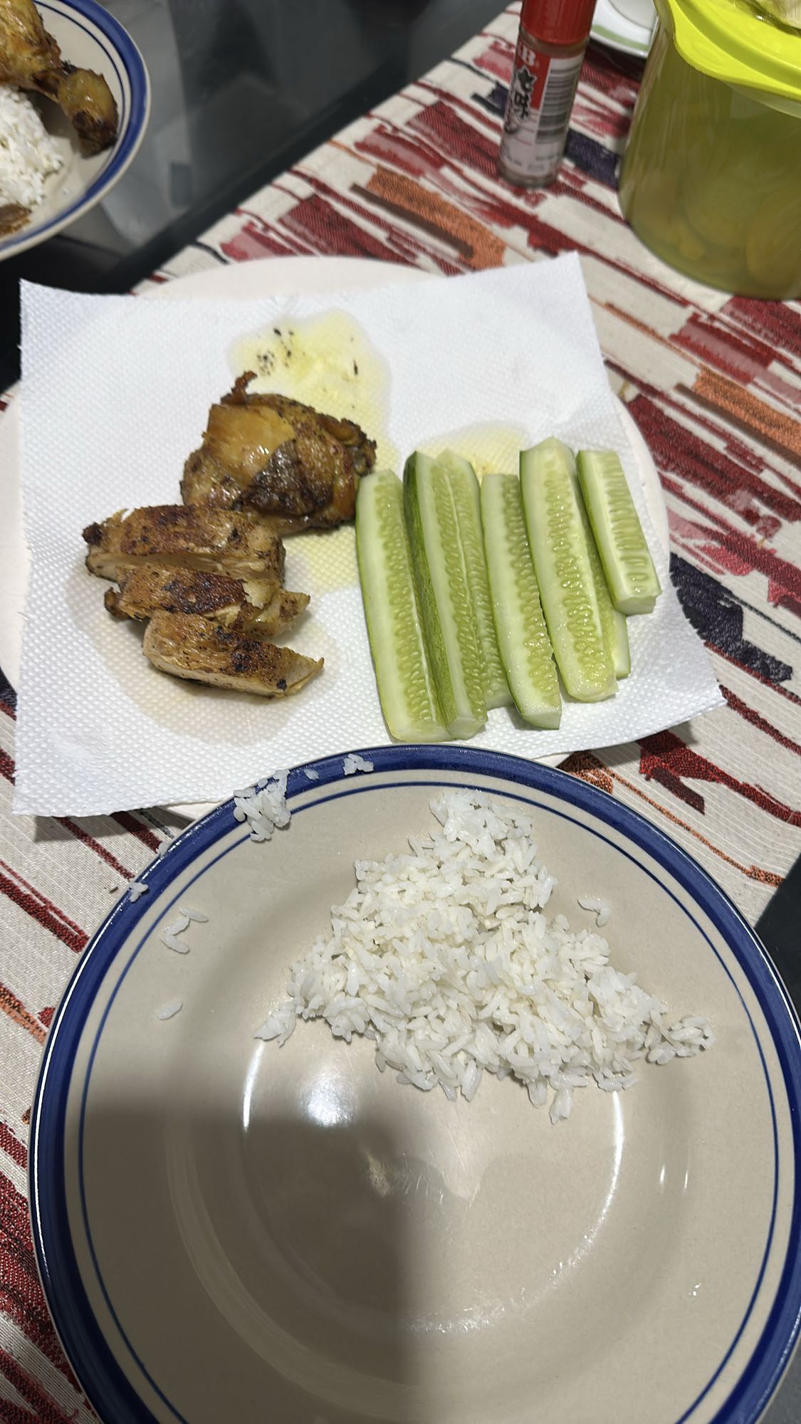 Chicken, rice, cucumber plate