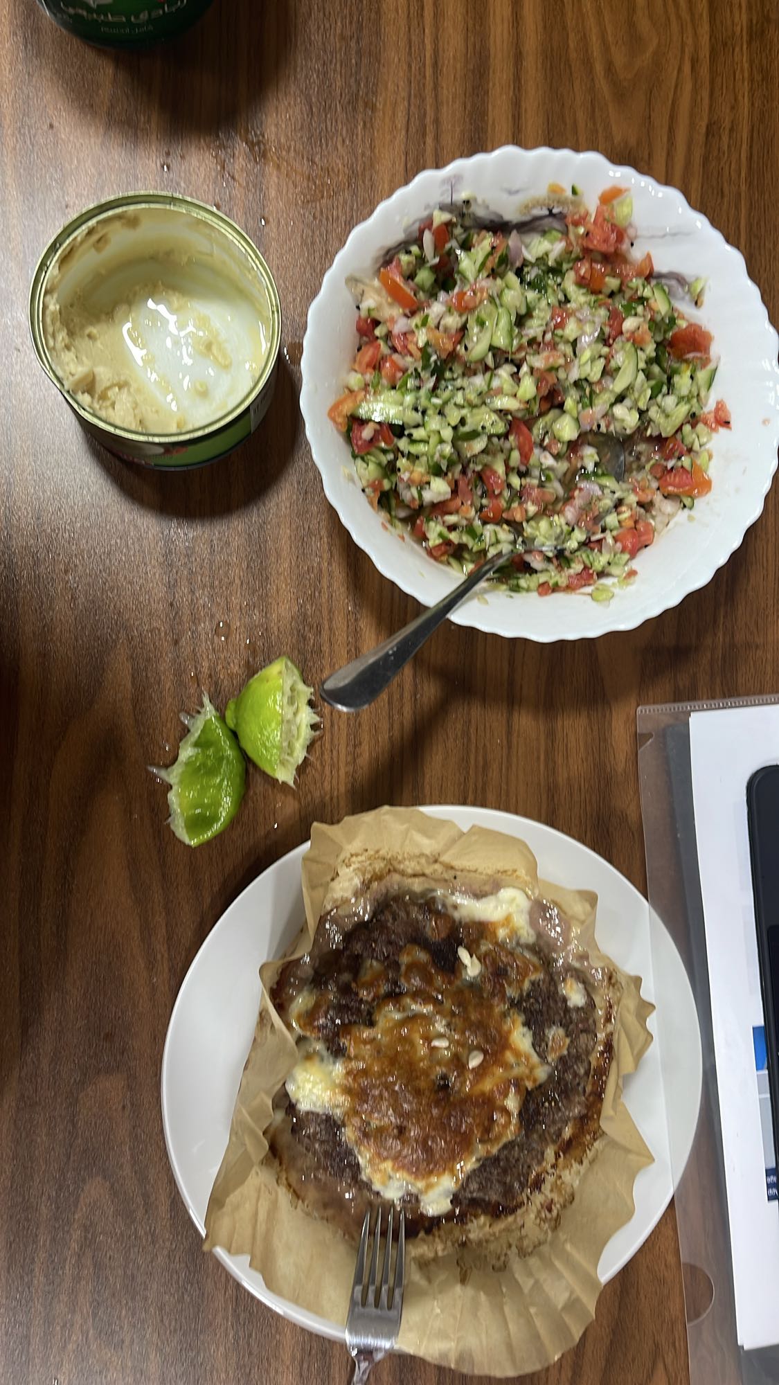 Beef pie, salad, hummus