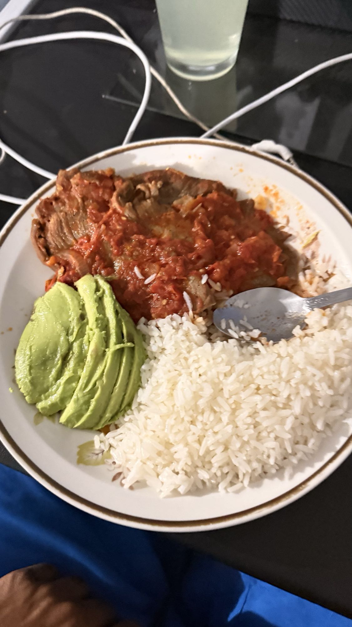 Beef, rice, avocado plate