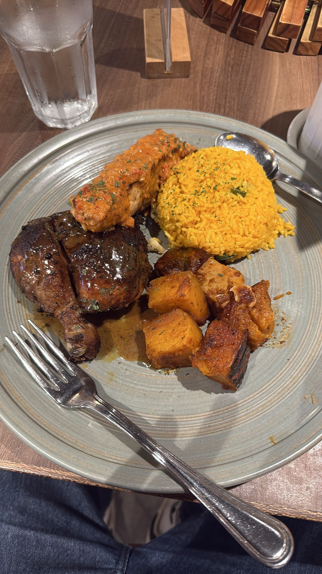 Roasted Chicken & Grilled Salmon with Paella Rice and Roasted Pumpkin