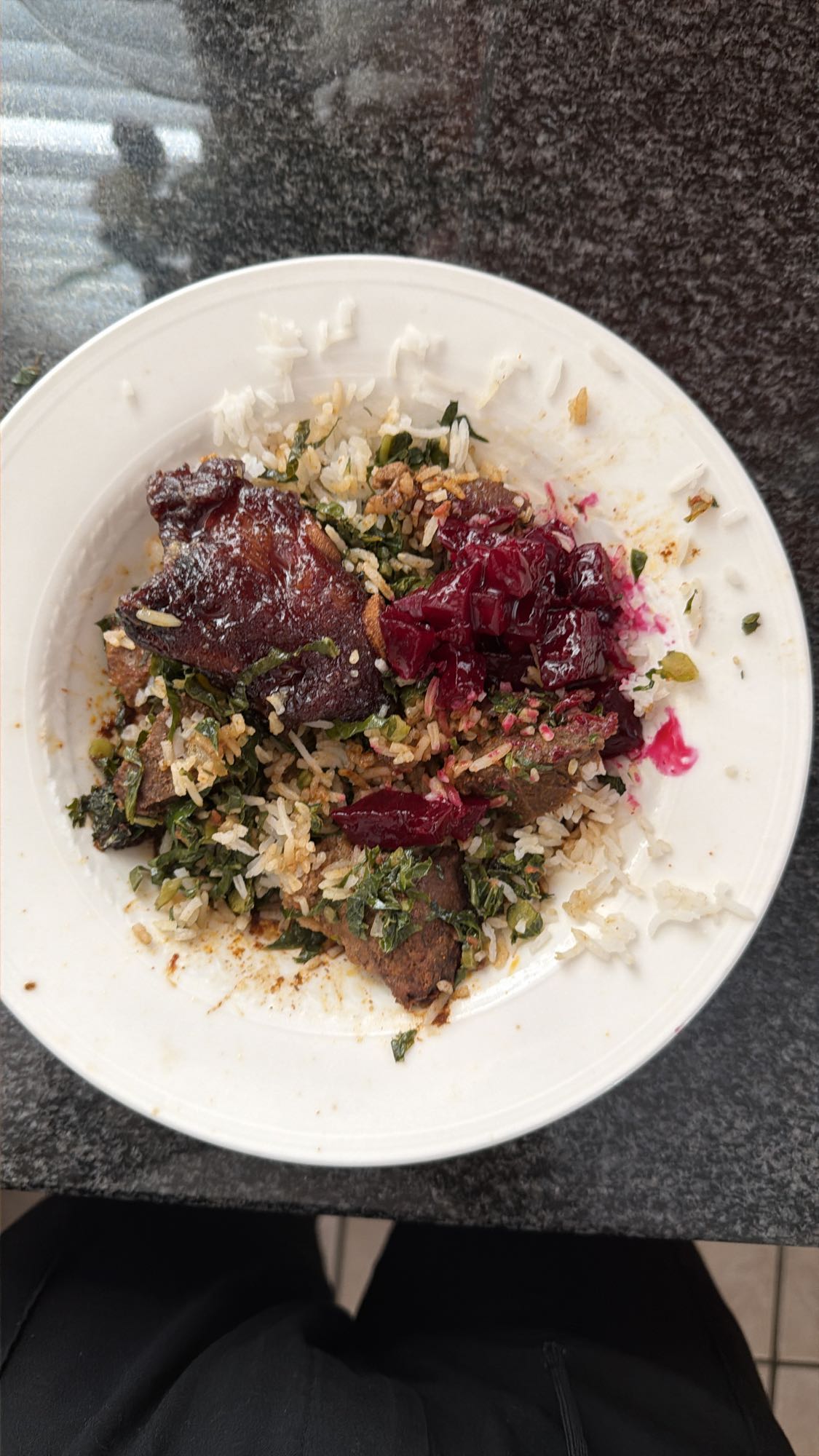 Rice, liver, greens, beet salad