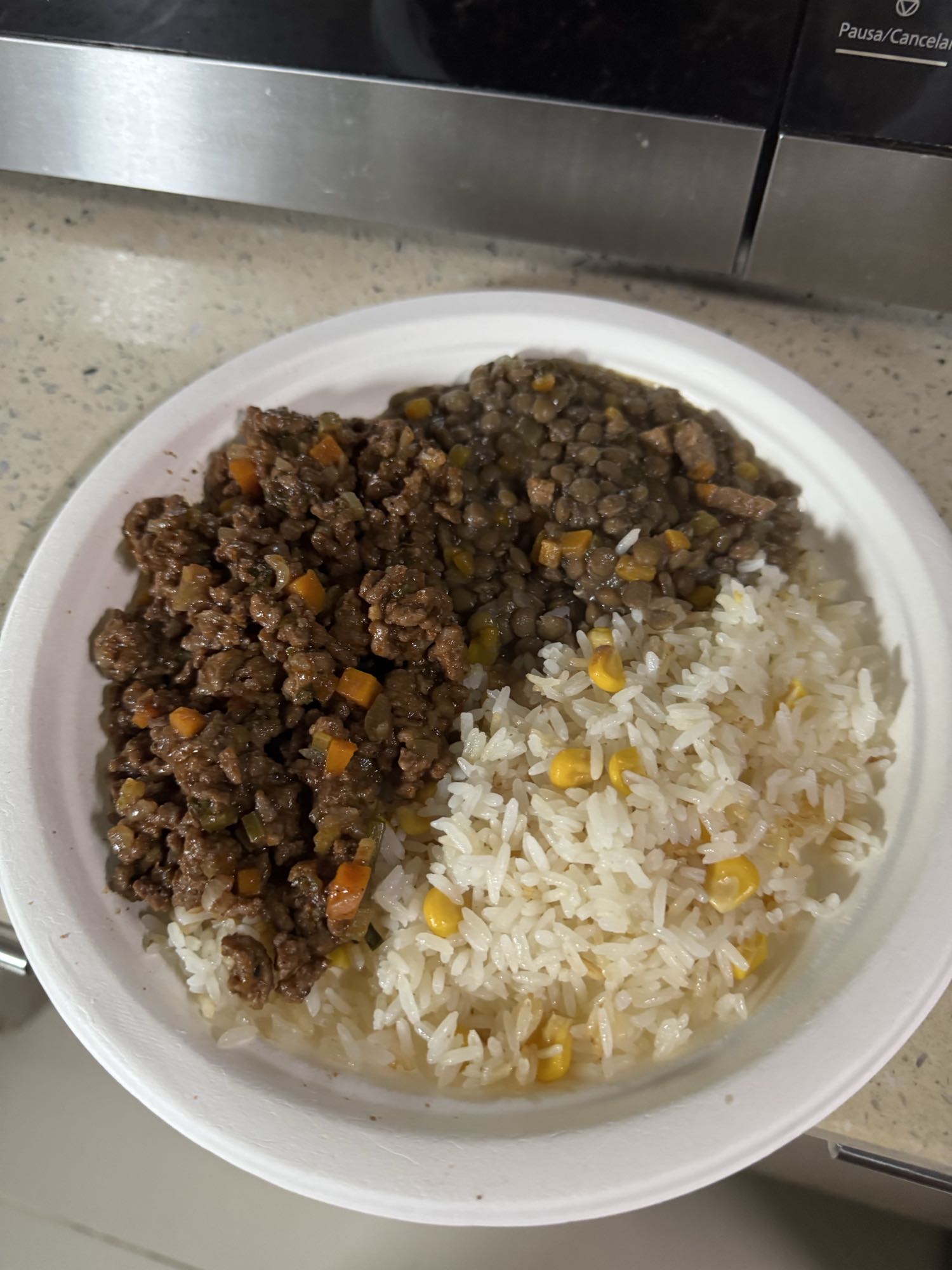 Arroz, carne molida y lentejas