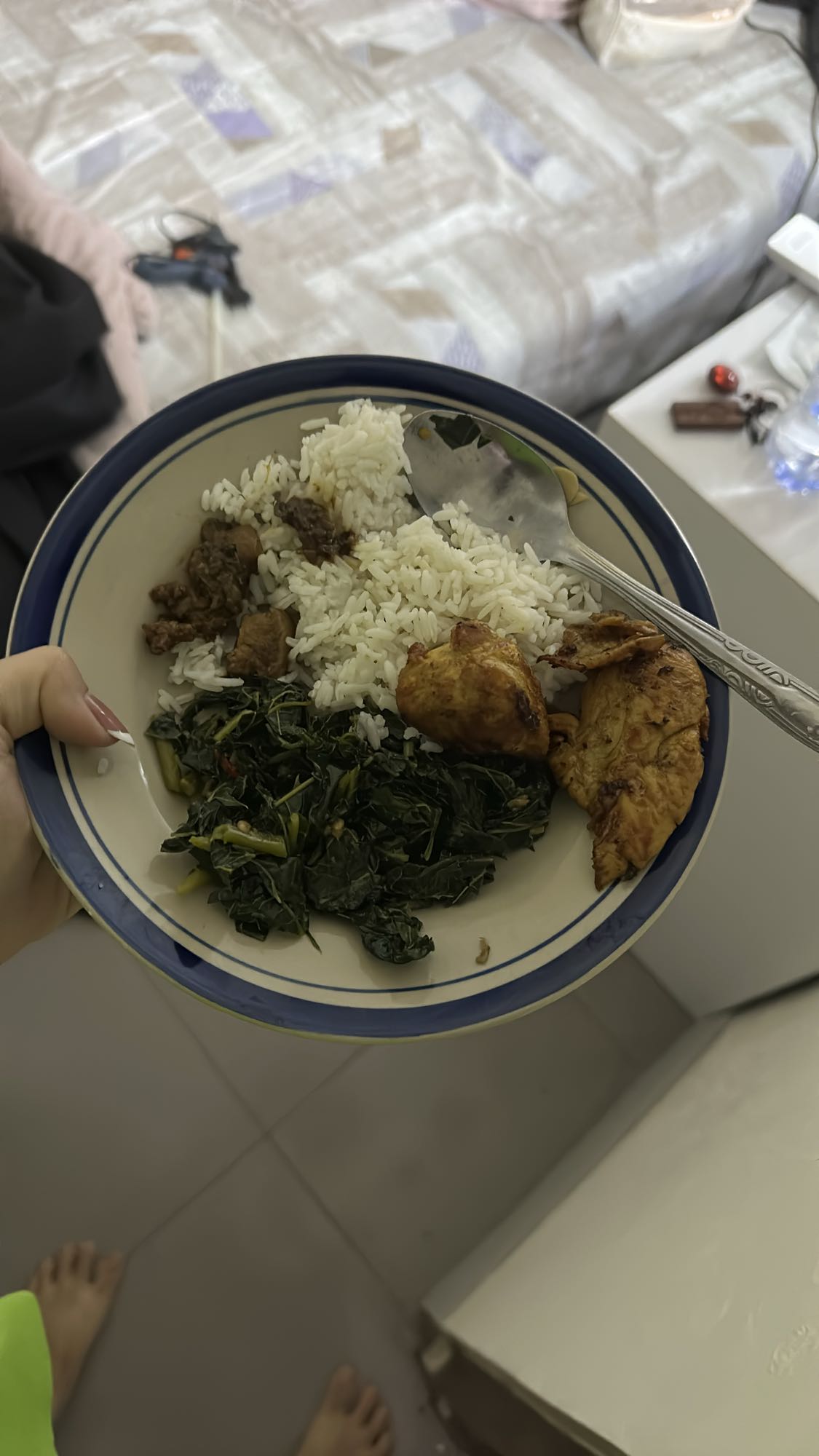 Rice, chicken, beef, greens