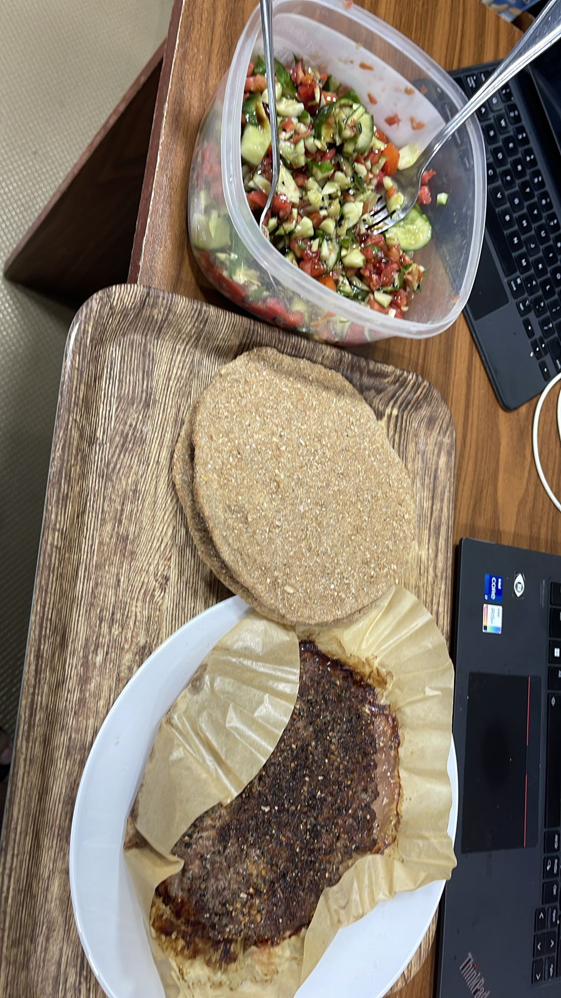 Steak, salad, whole wheat bread