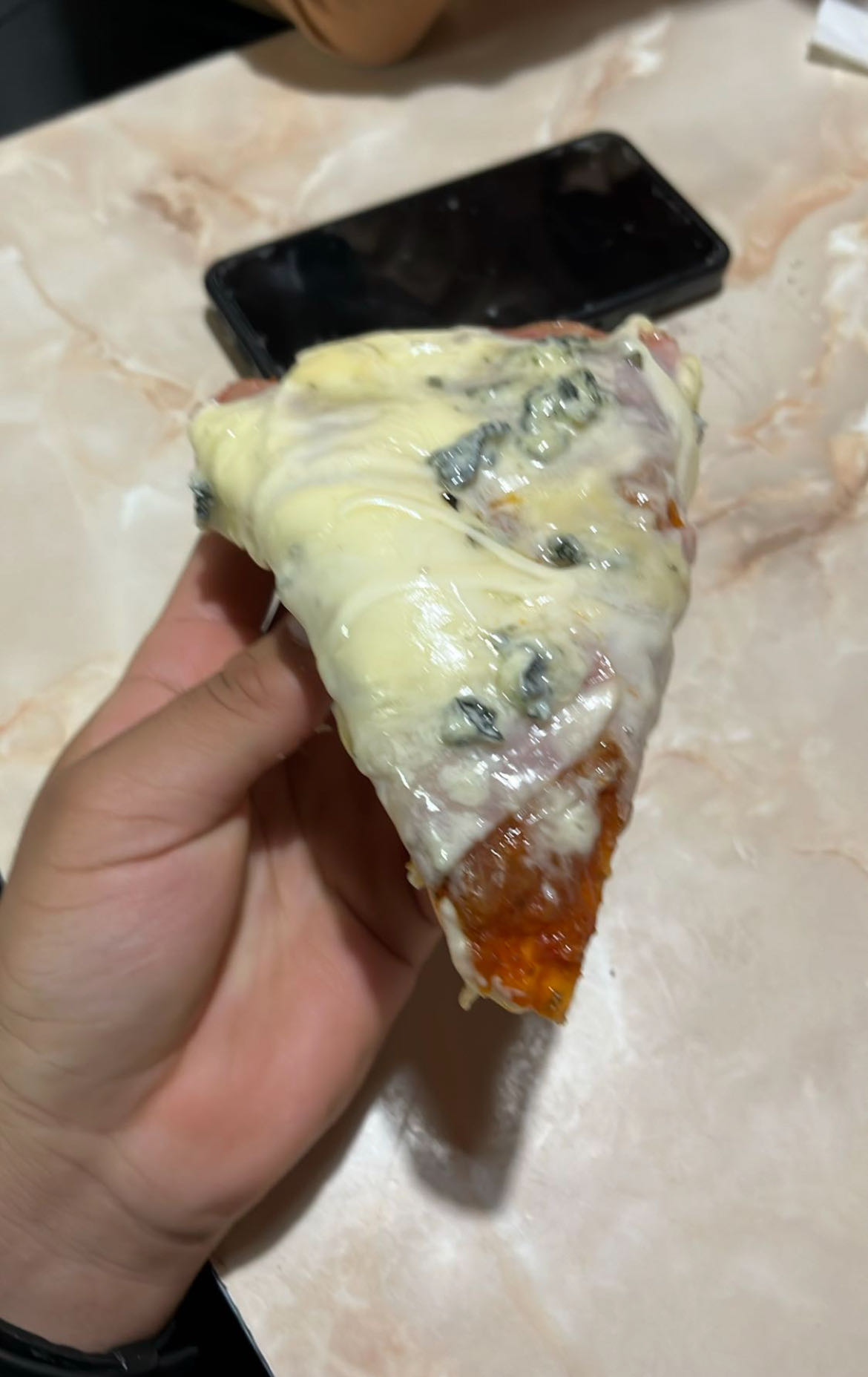 rebanadas de pizza con jamón, salsa de tomate con cebolla y queso roquefort
