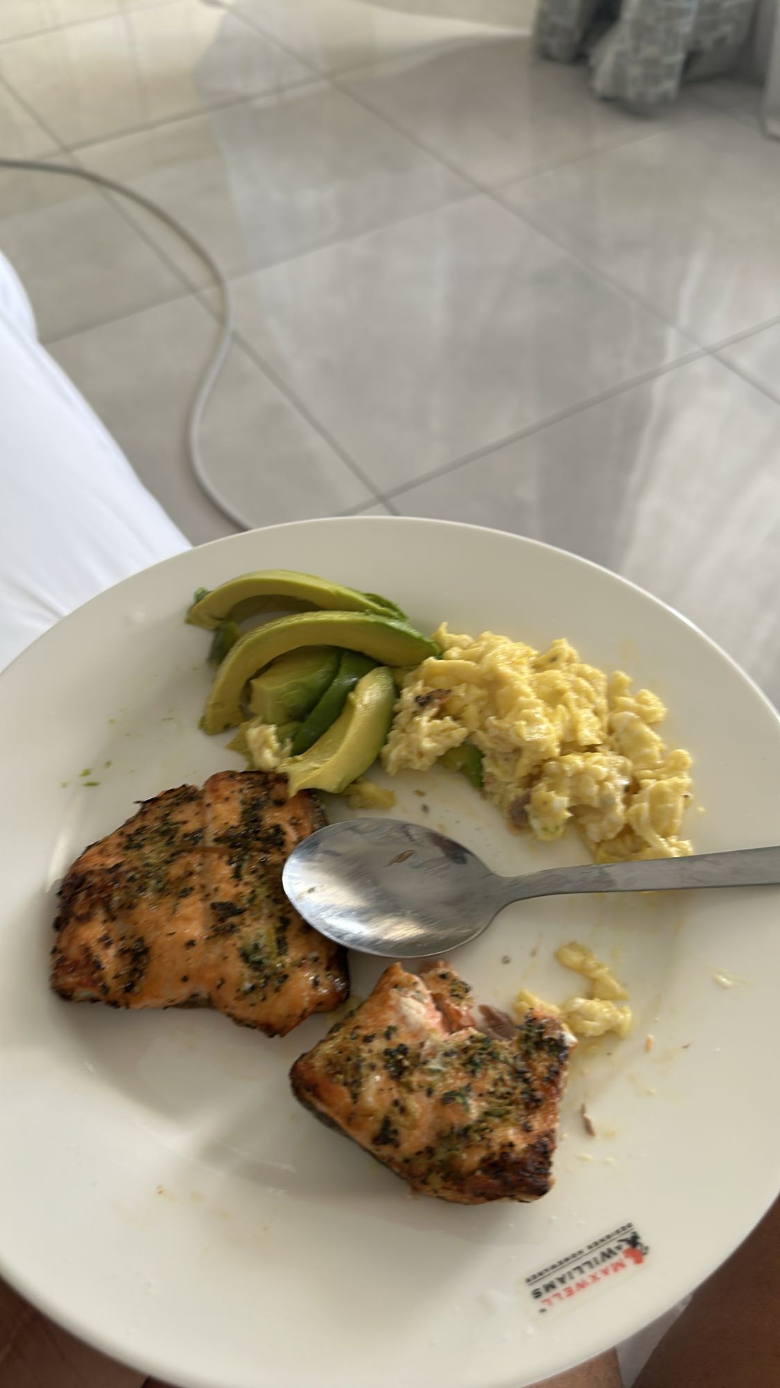 Salmon, eggs, avocado plate