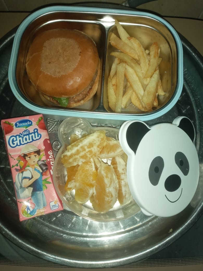 Burger, fries, juice, orange