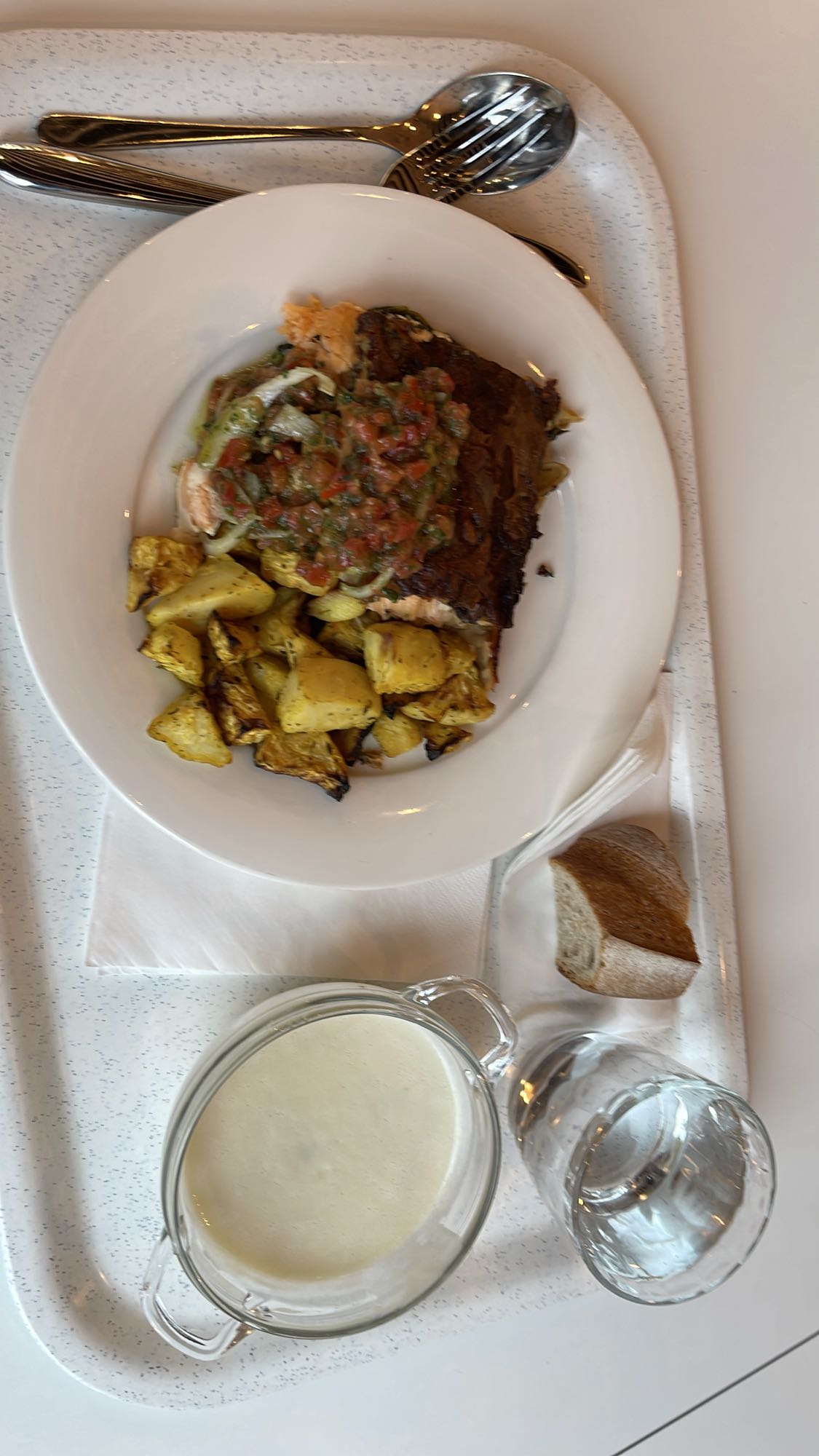 Salmon, potatoes, soup, bread