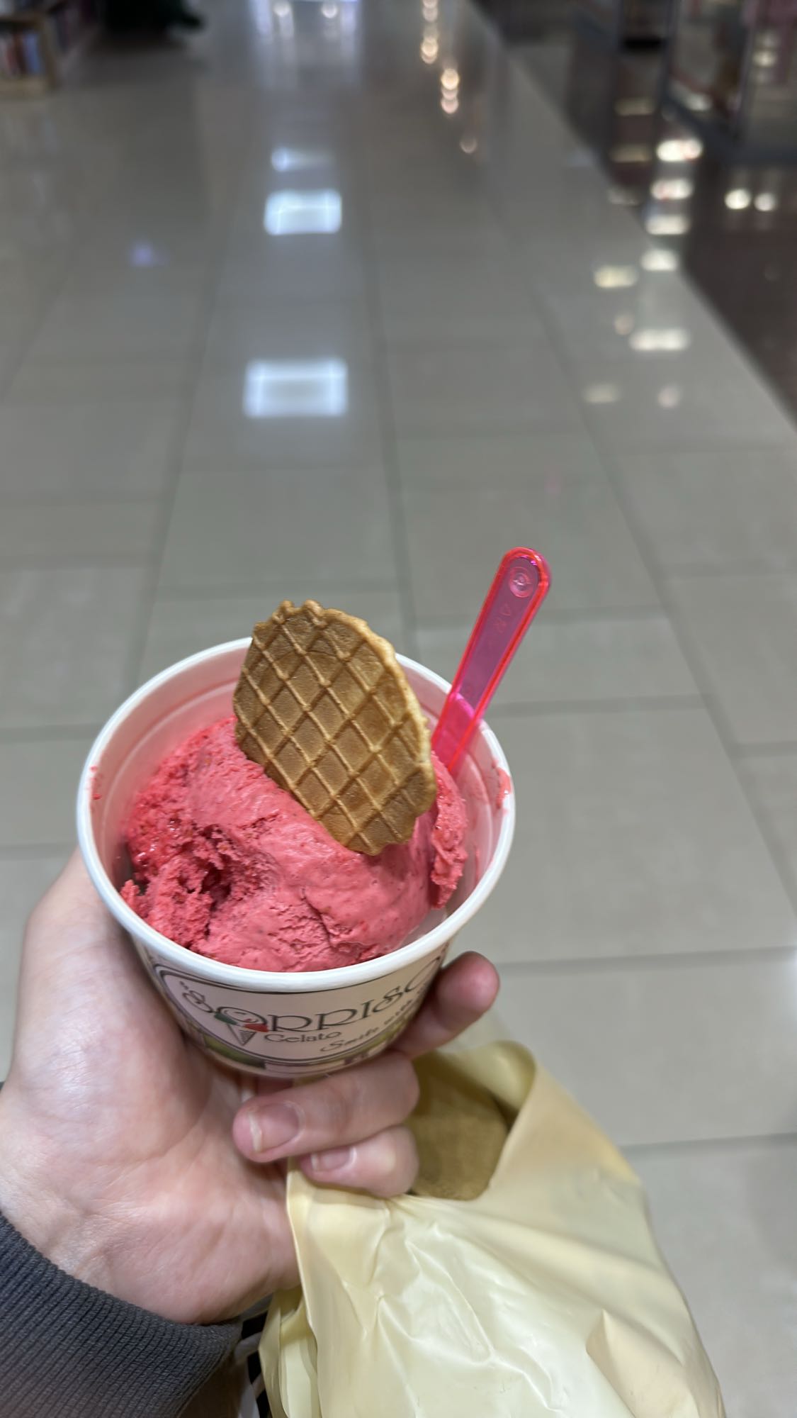Strawberry gelato with wafer