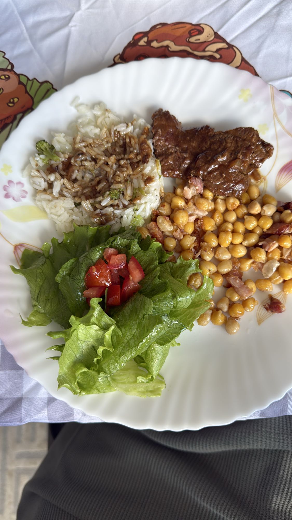 Prato com arroz, carne e salada