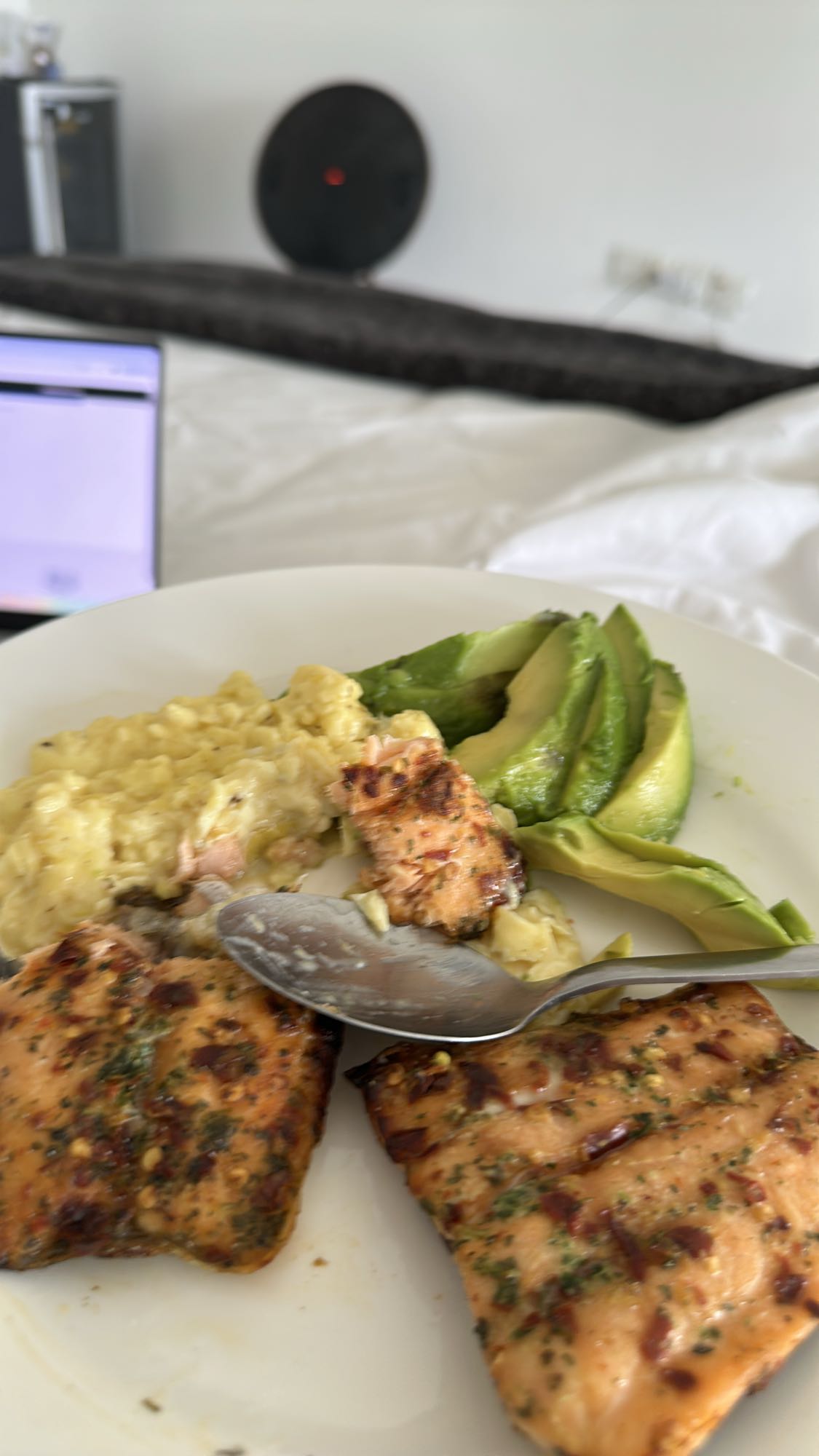 Salmon, risotto, avocado