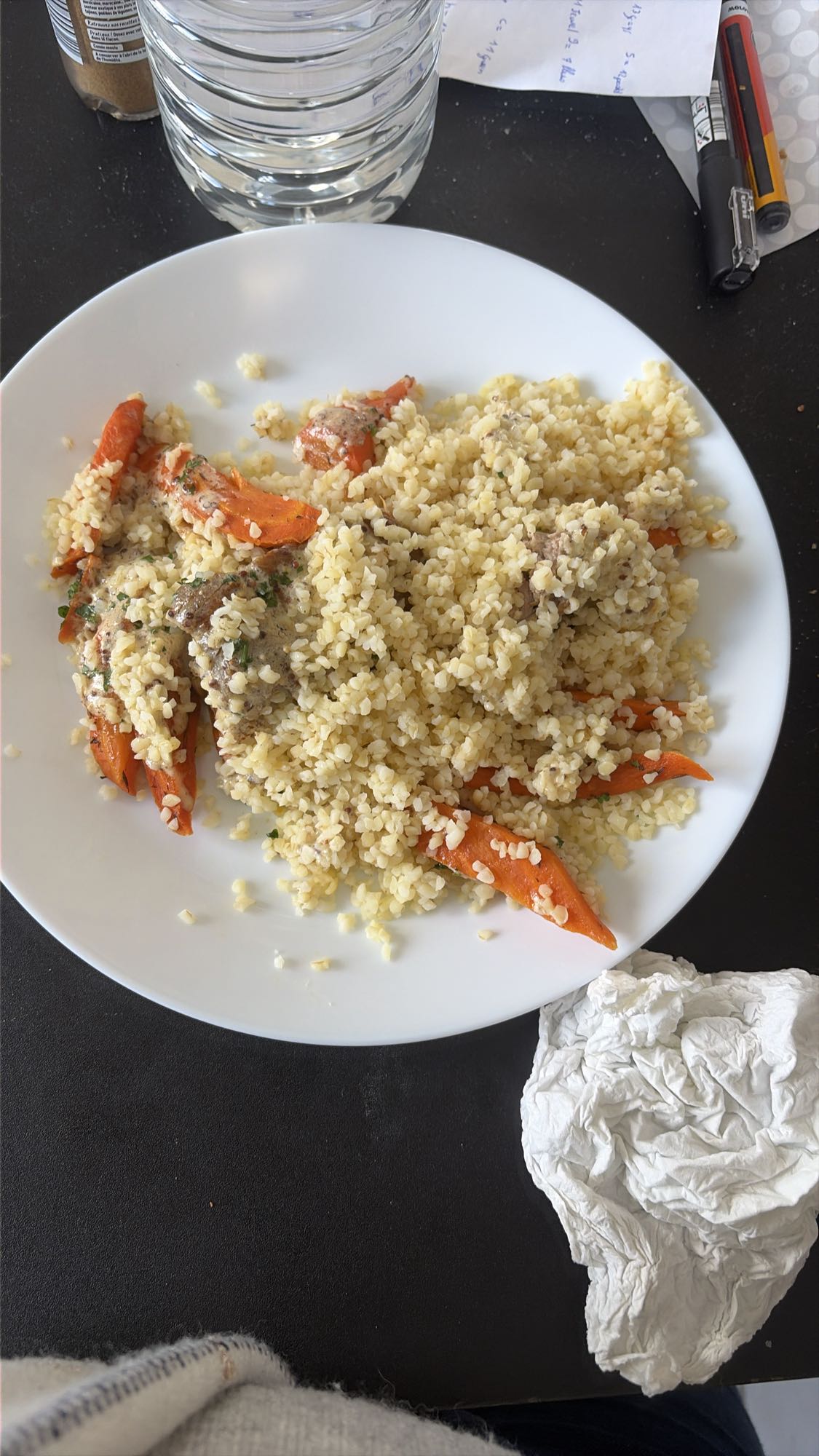 Boulgour, carottes, viande