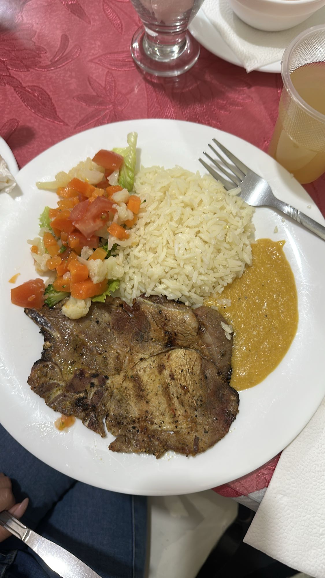 Plato de arroz, carne y ensalada