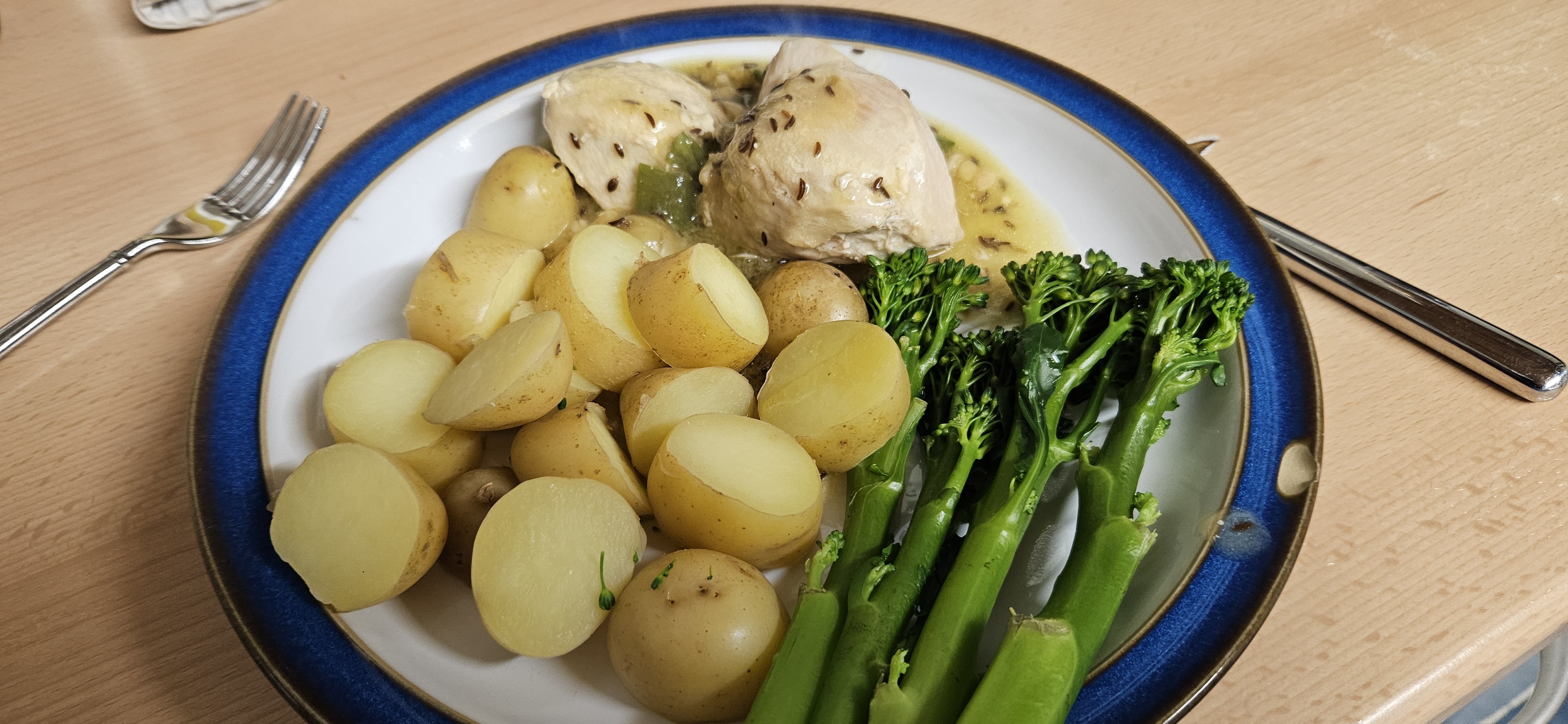 Chicken, potatoes, broccoli