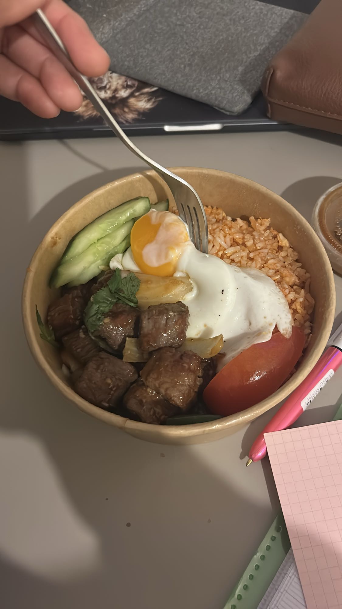 Bol de boeuf, riz et œuf