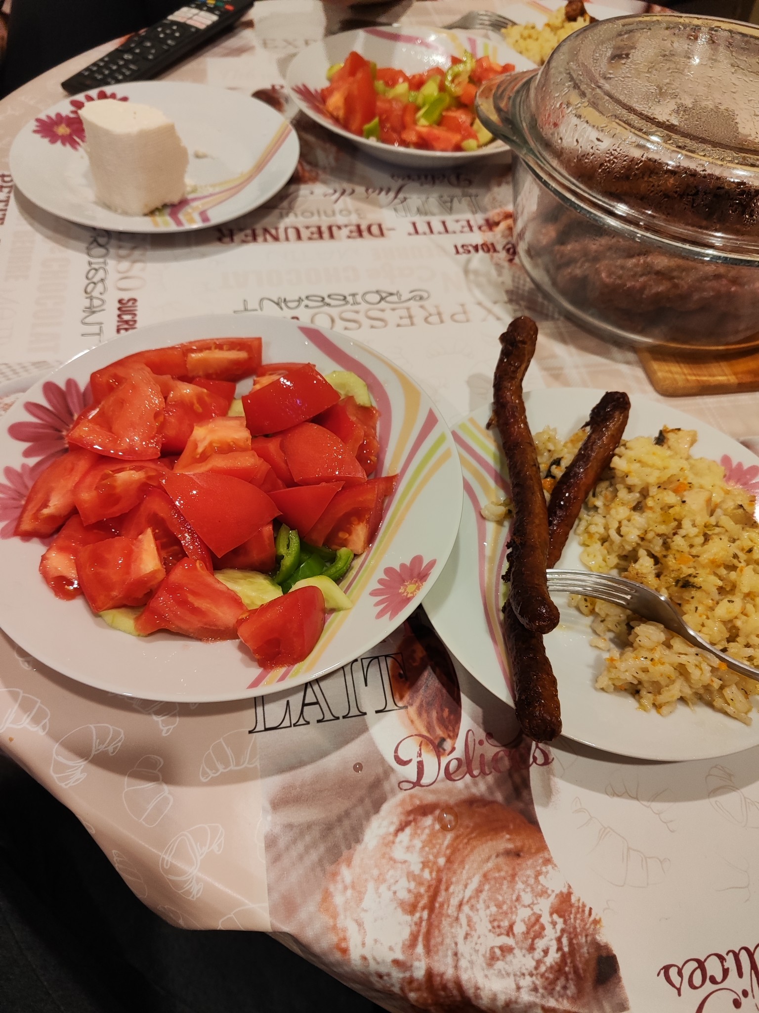 Sausage, rice, salad, cheese