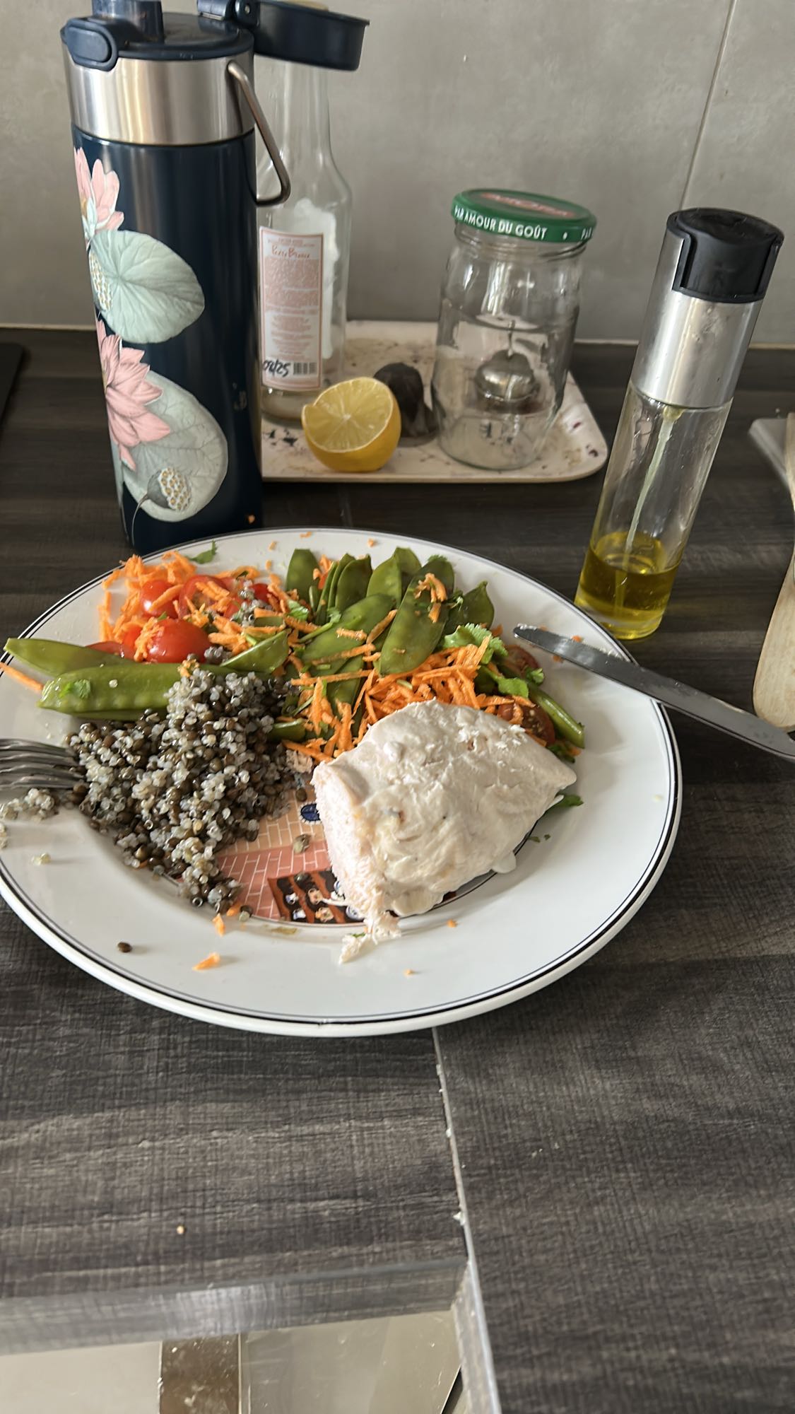 Poulet, légumes, lentilles
