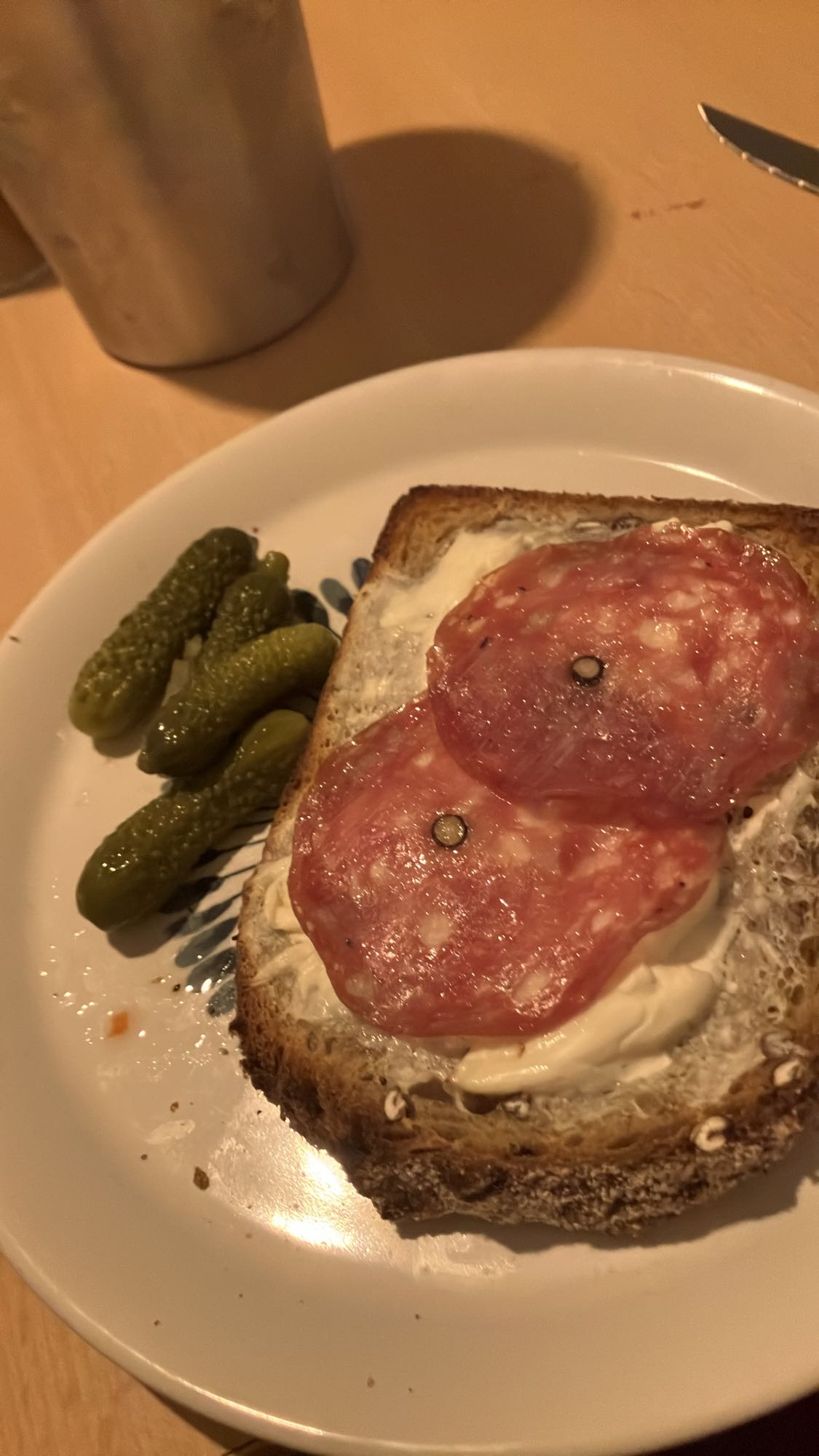 Pão com salame, pepino e cream cheese light