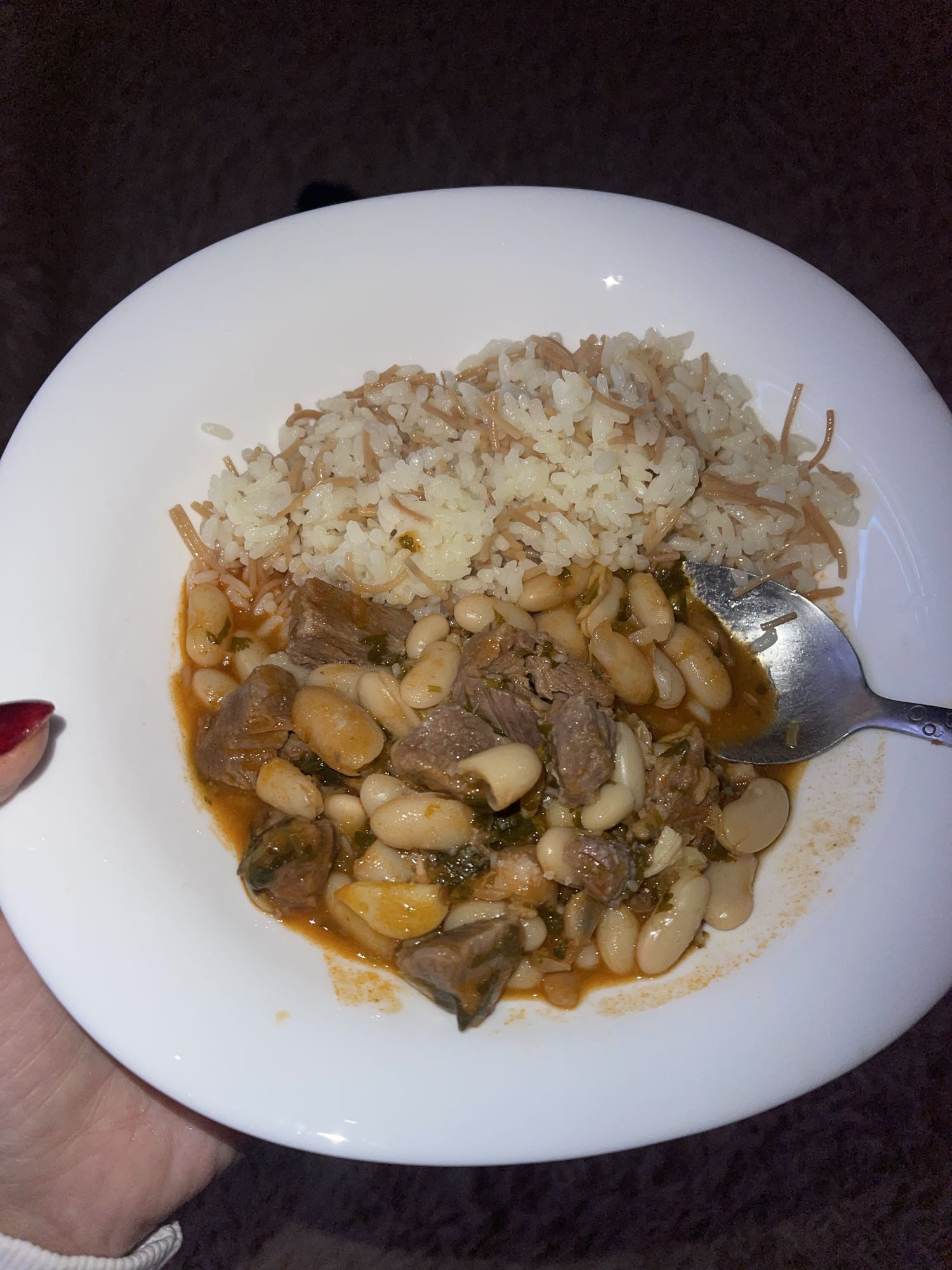 Rice with beans and beef stew