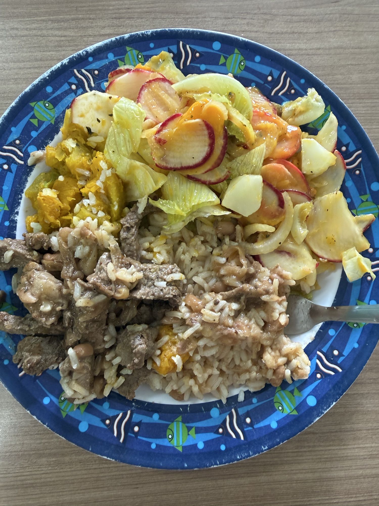 Arroz, carne e salada mista