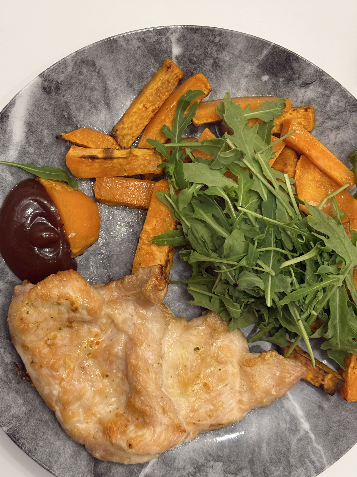 Poulet, patate douce, roquette