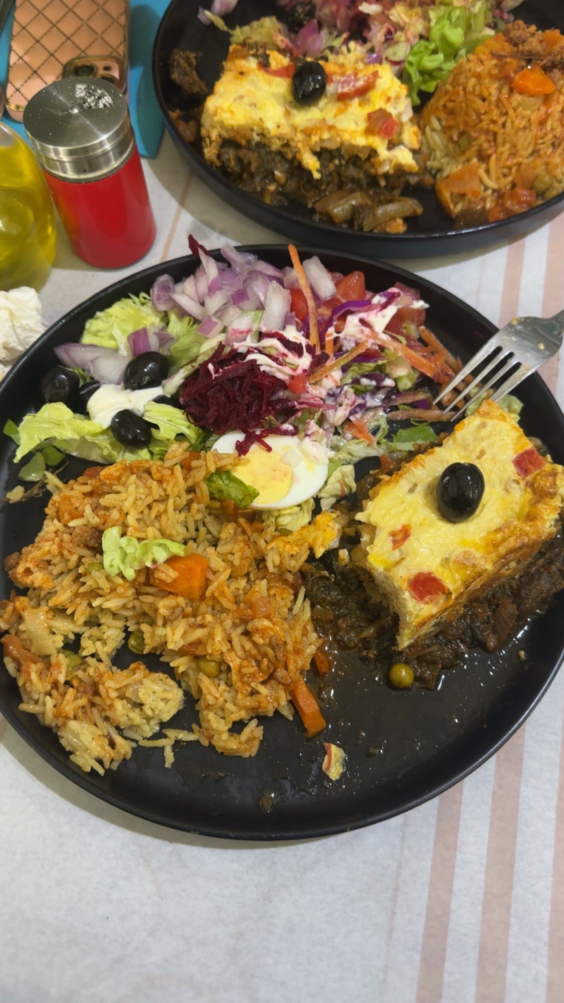 Riz, salade et gratin