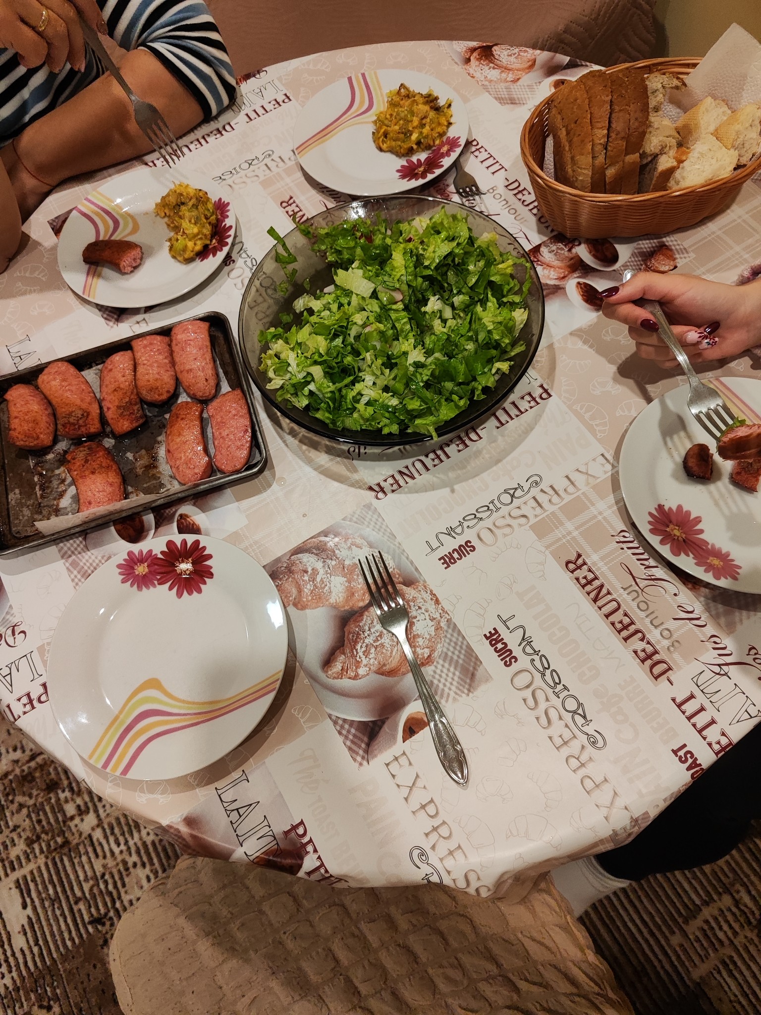 Sausage, salad, bread dinner