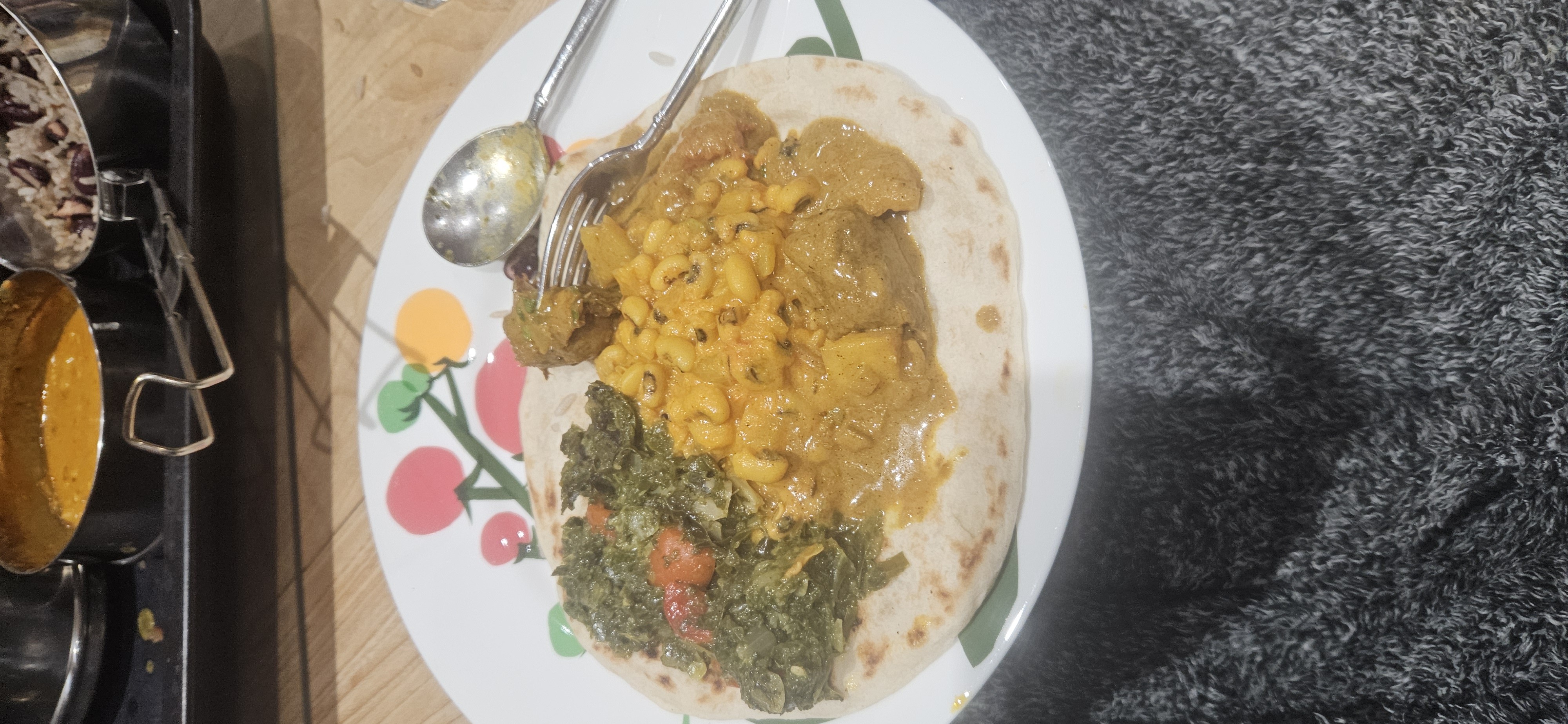 Flatbread with stew & greens