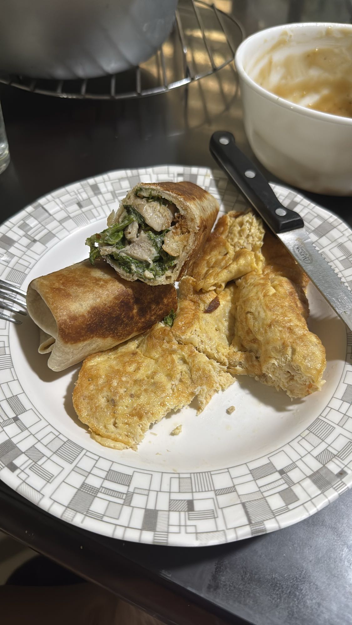 Chicken wrap and omelette