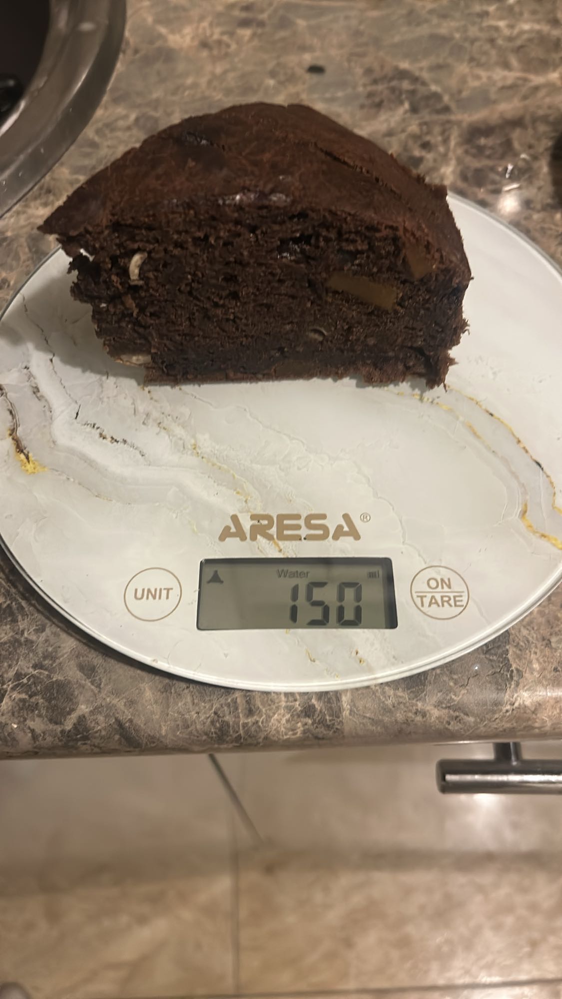 Chocolate banana bread with dark chocolate, dried mango and apricot pits