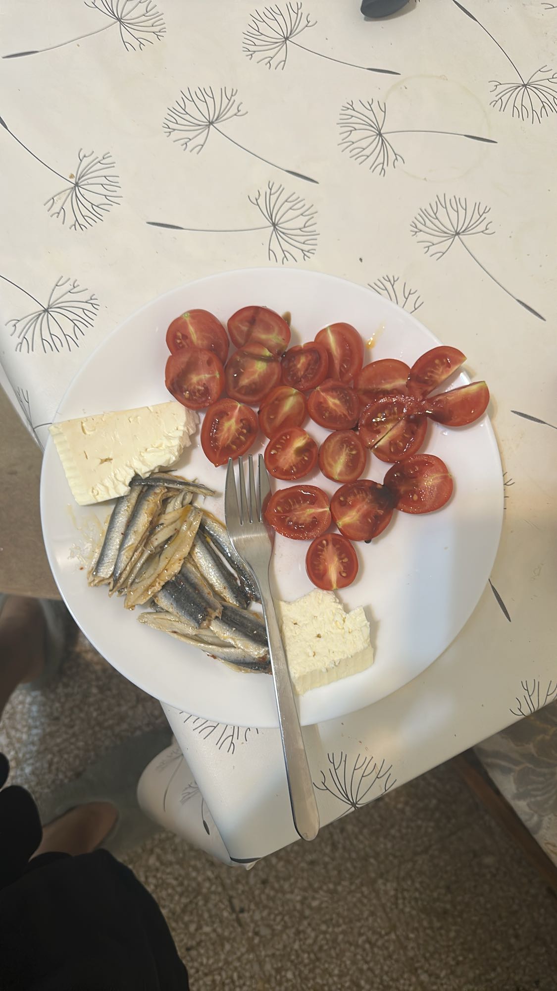 Tomato, cheese, sardine plate