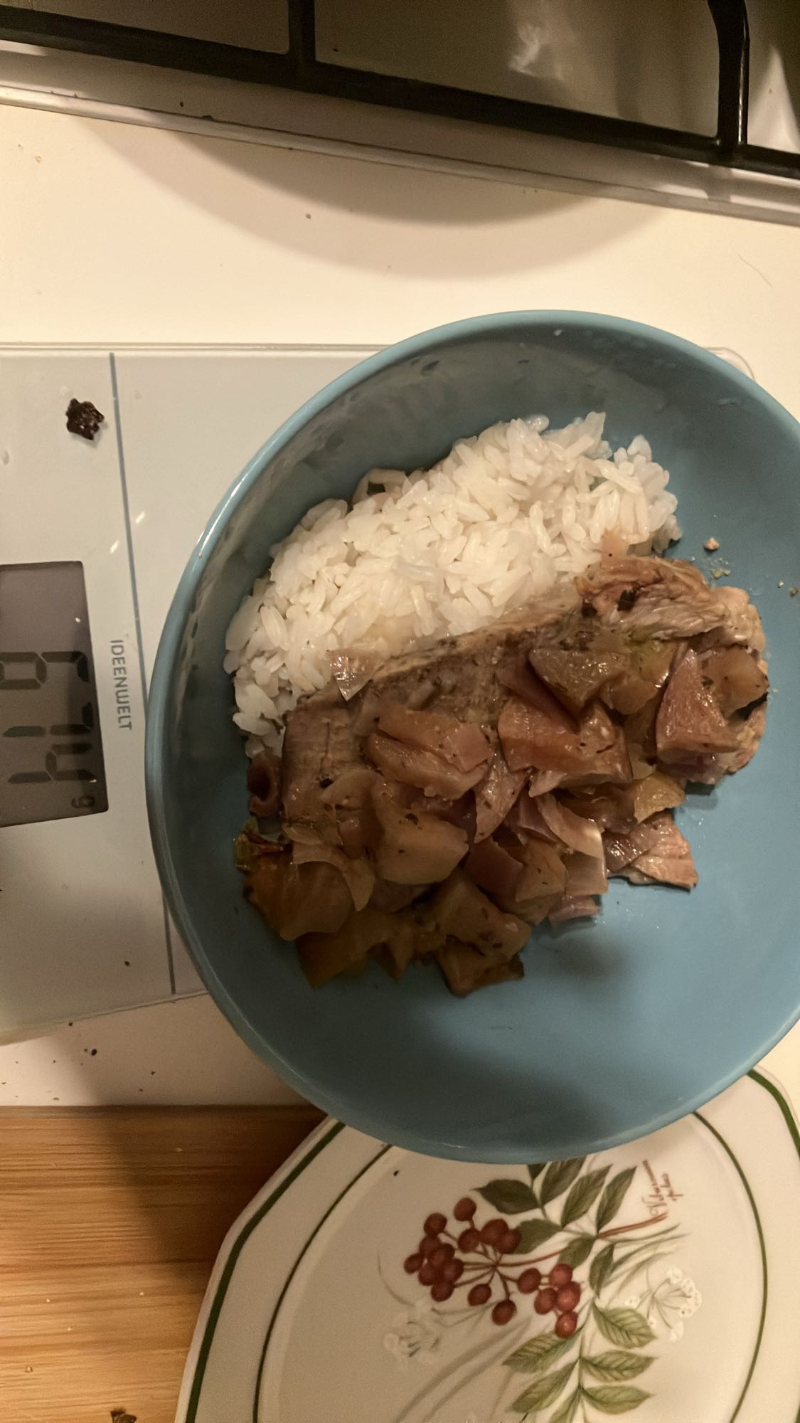 Arroz com carne suína, cebola e maçã cozida, salada com molho