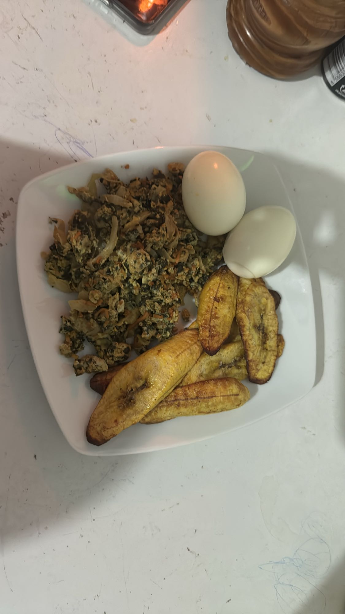 Eggs, plantain, veggie mix