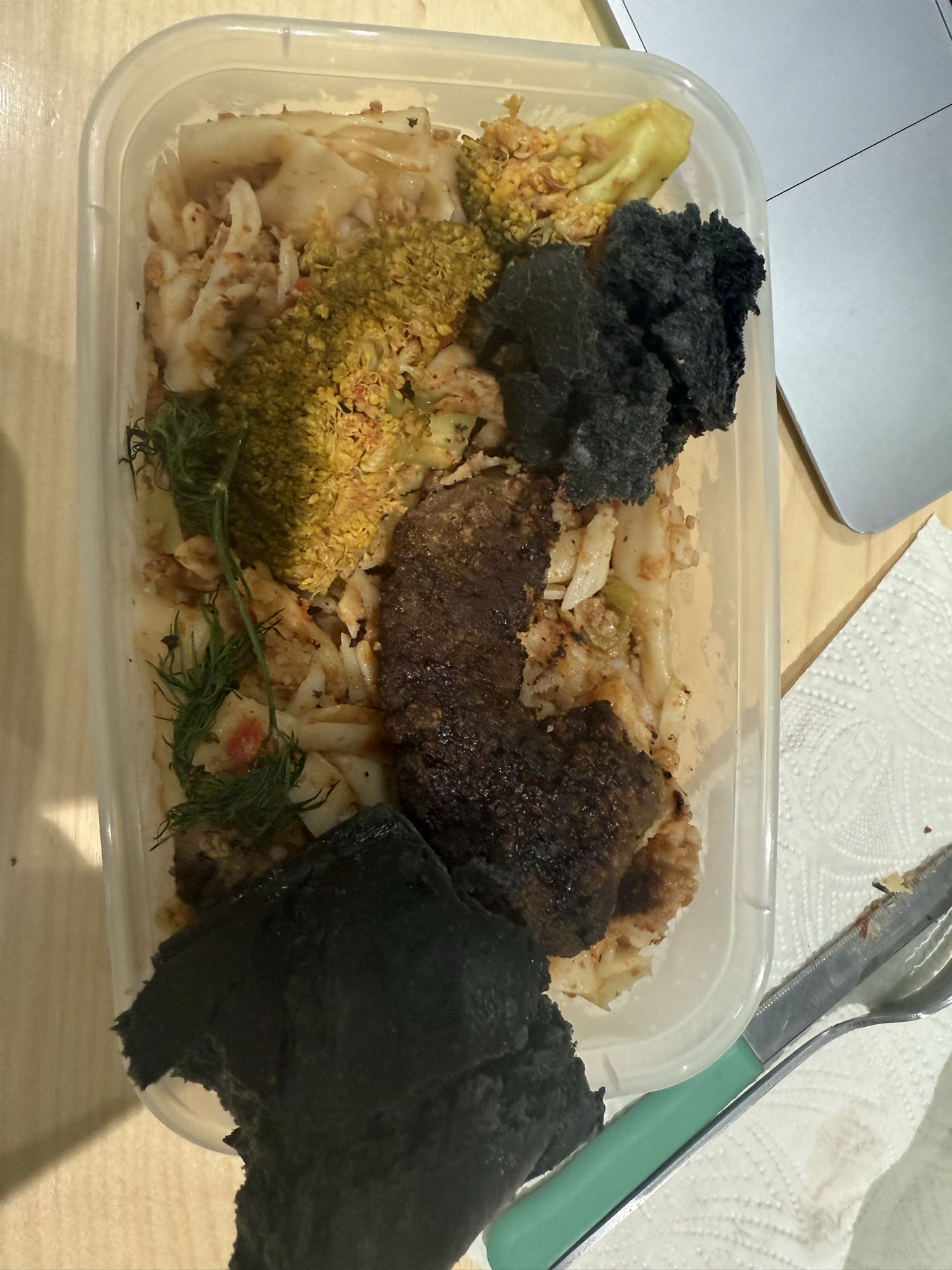 Beef, Pasta, Broccoli, Nori & Black Coal Bread