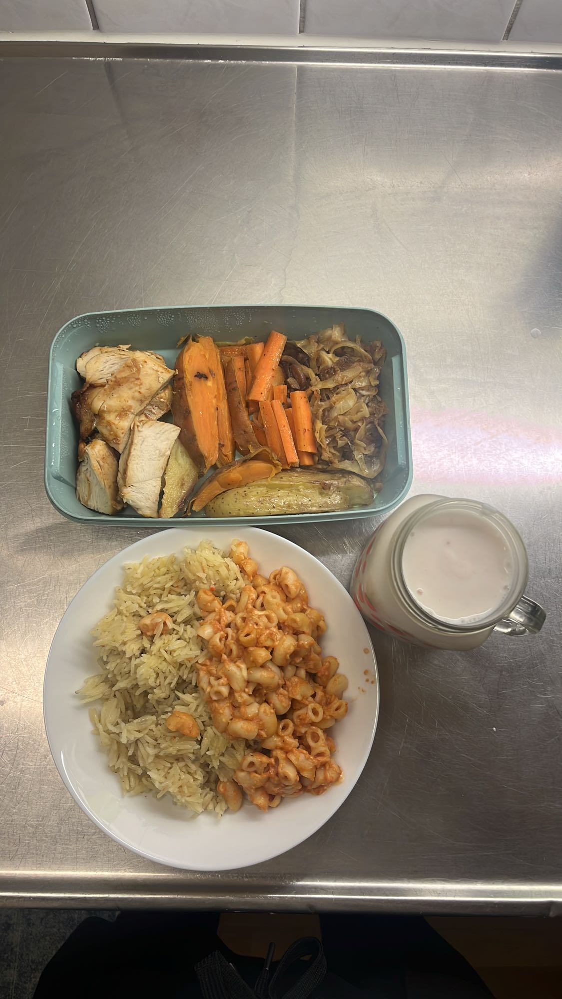 Chicken, rice, pasta, veggies, milk